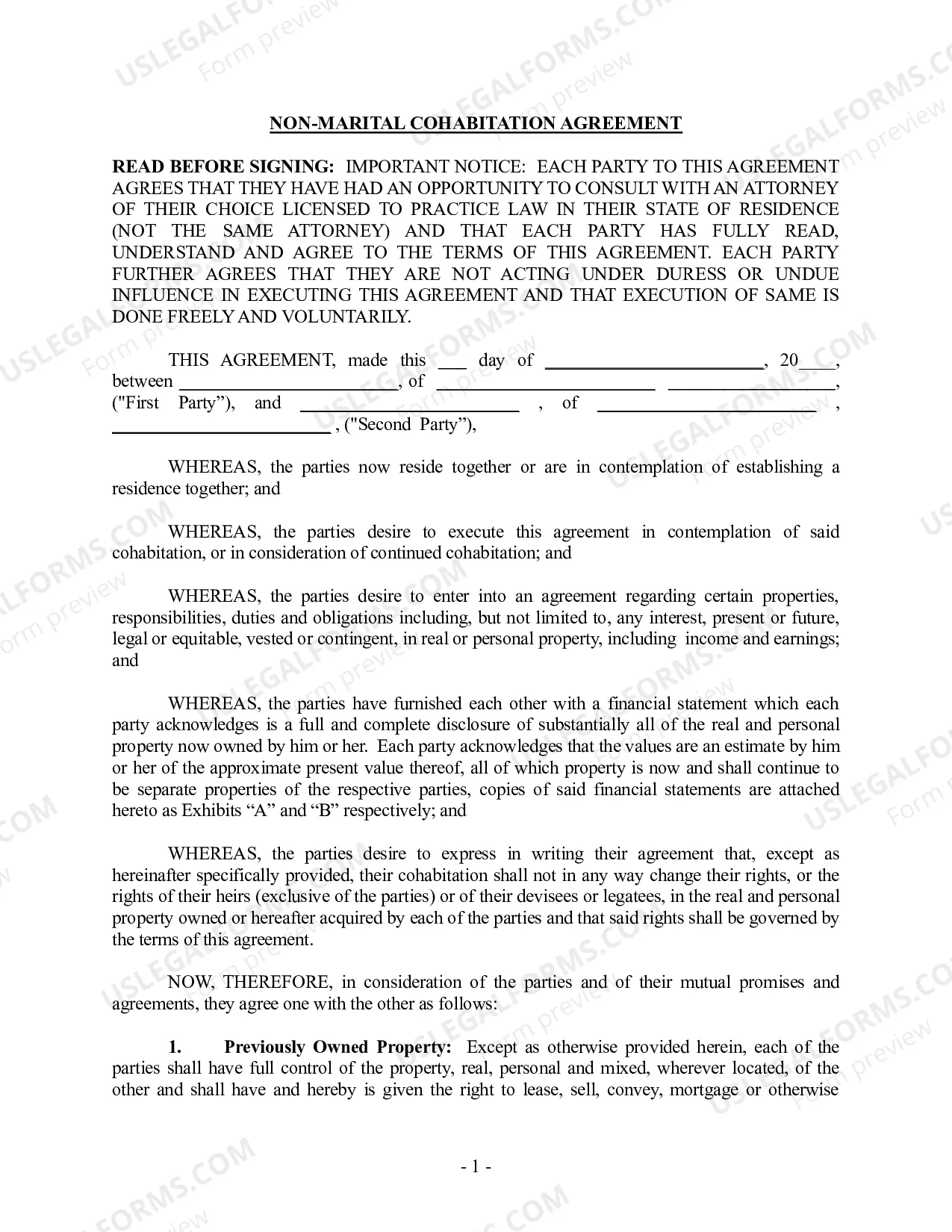 Preview Non-Marital Cohabitation Living Together Agreement