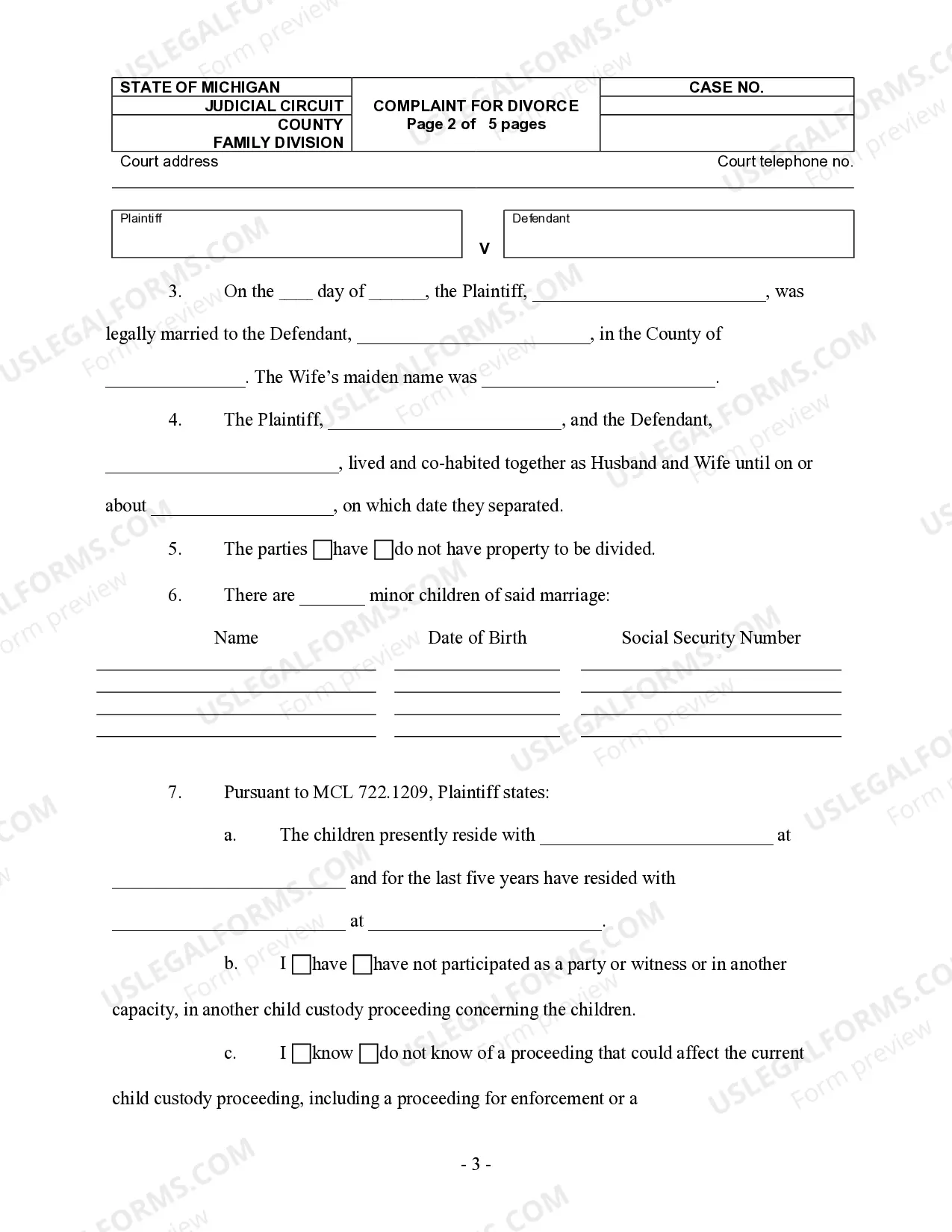 Preview Complaint for Divorce with Minor Children