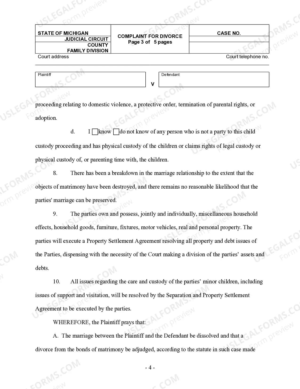 Preview Complaint for Divorce with Minor Children