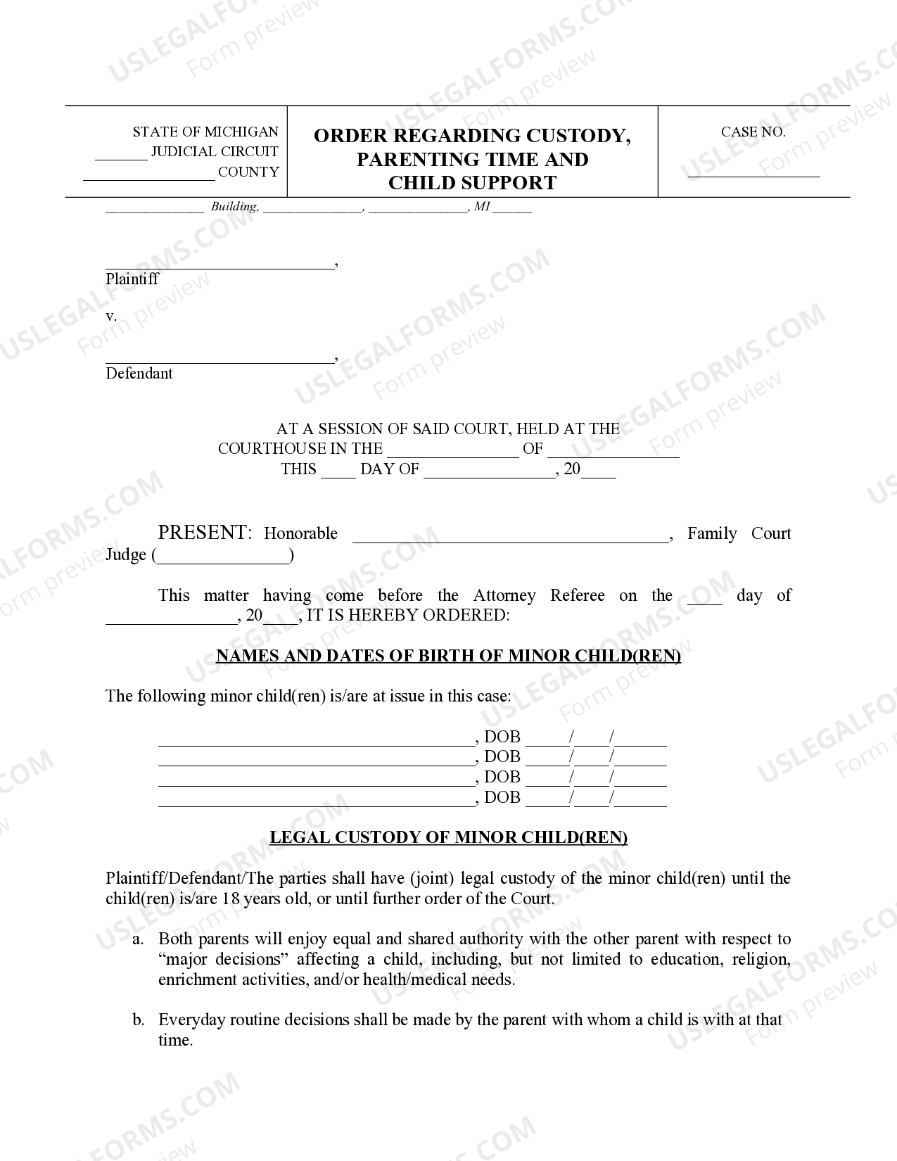 Michigan Judicial Circuit Court Order Regarding Custody, Parenting