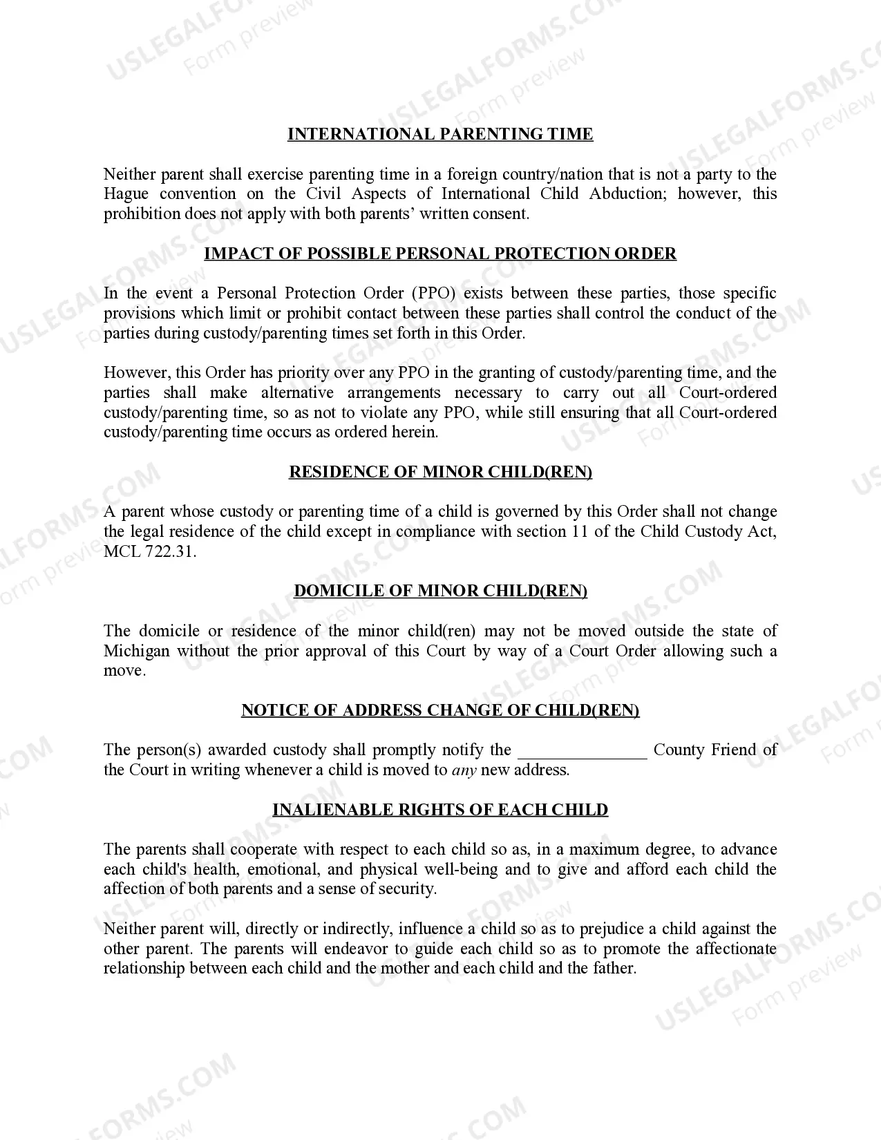 Preview Michigan Judicial Circuit Court - Order Regarding Custody, Parenting Time (Visitation) and Child Support - Sole Physical Custody with Reasonable Visitation