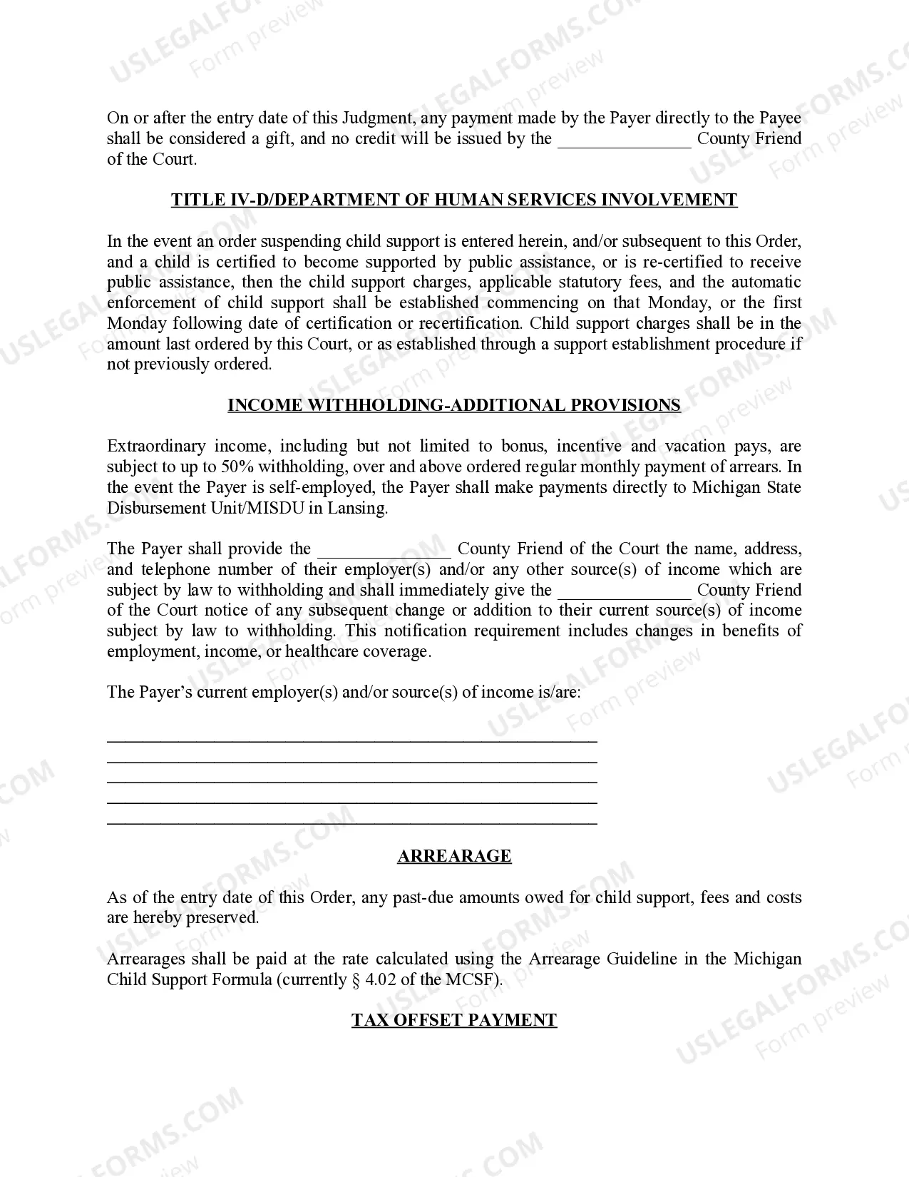 Preview Michigan Judicial Circuit Court - Order Regarding Custody, Parenting Time (Visitation) and Child Support - Sole Physical Custody with Reasonable Visitation