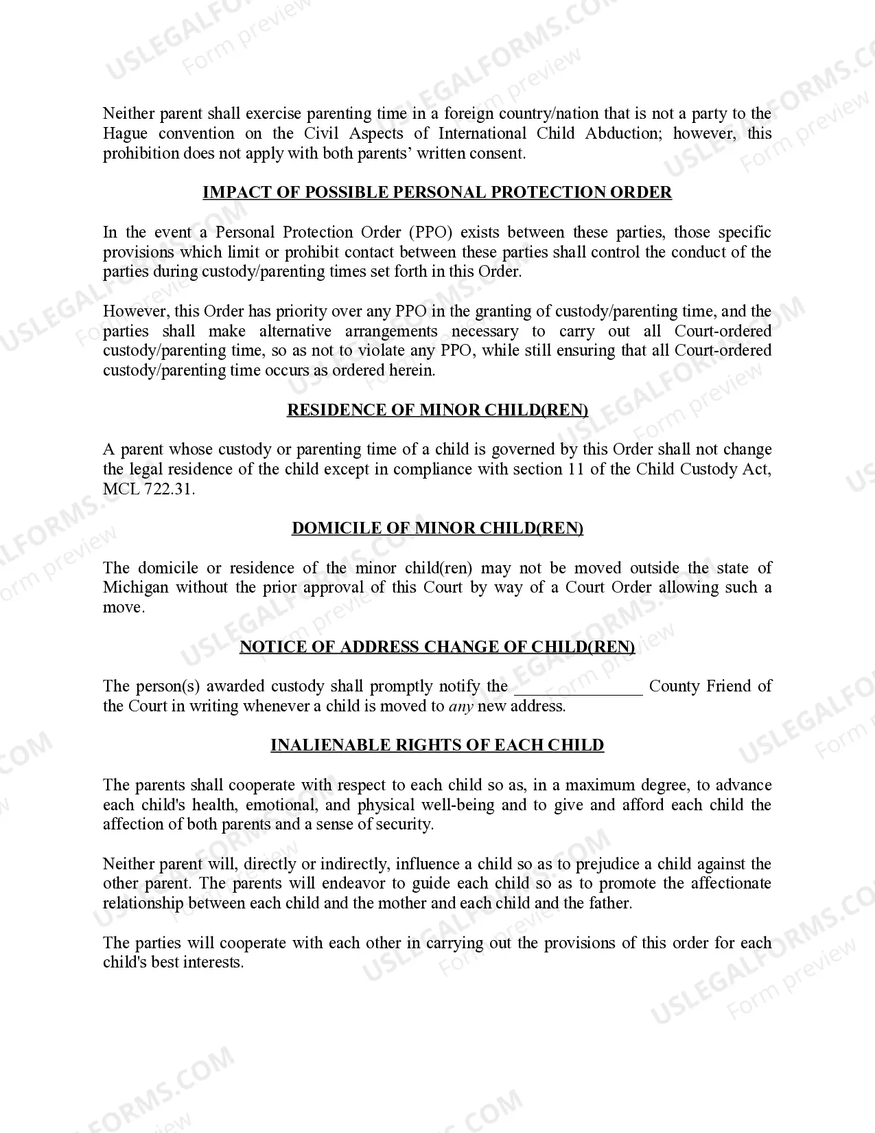Preview Michigan Judicial Circuit Court - Order Regarding Custody, Parenting Time (Visitation) and Child Support - Joint Physical Custody with Equal Amount of Parenting Time