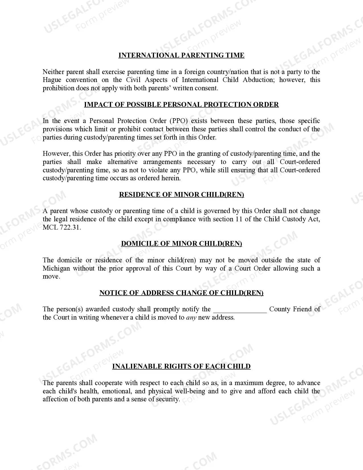 Preview Michigan Judicial Circuit Court - Order Regarding Custody, Parenting Time (Visitation) and Child Support - Joint Physical Custody with Parenting Time Schedule Occuring on Weekends