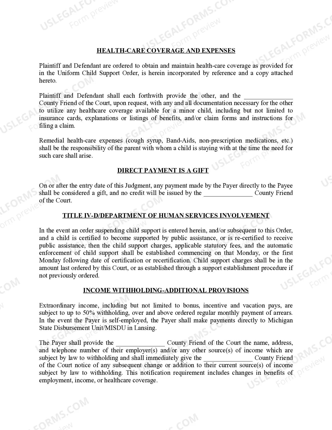 Preview Michigan Judicial Circuit Court - Order Regarding Custody, Parenting Time (Visitation) and Child Support - Joint Physical Custody with Parenting Time Schedule Occuring on Weekends