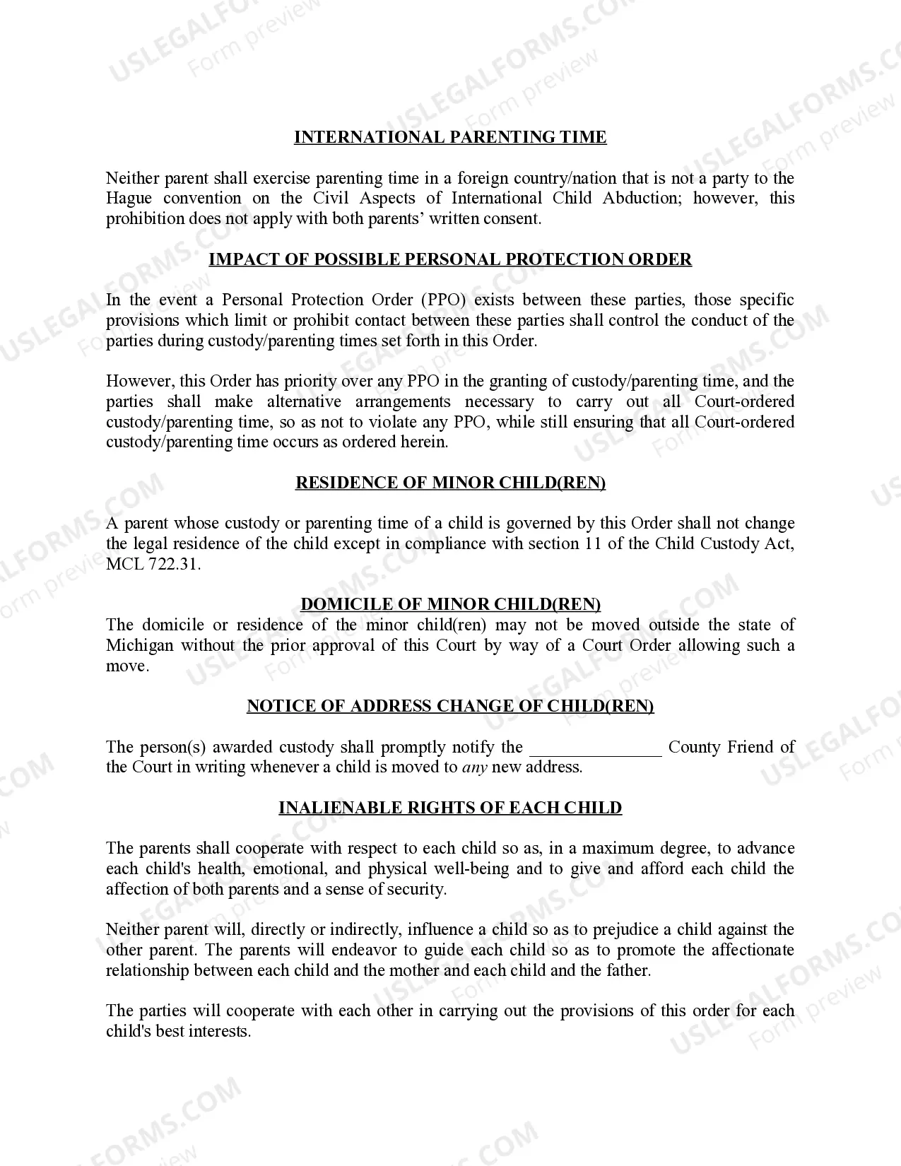 Preview Michigan Judicial Circuit Court - Order Regarding Custody, Parenting Time (Visitation) and Child Support - Joint Physical Custody with Parenting Time Schedule for Alternating Weekends