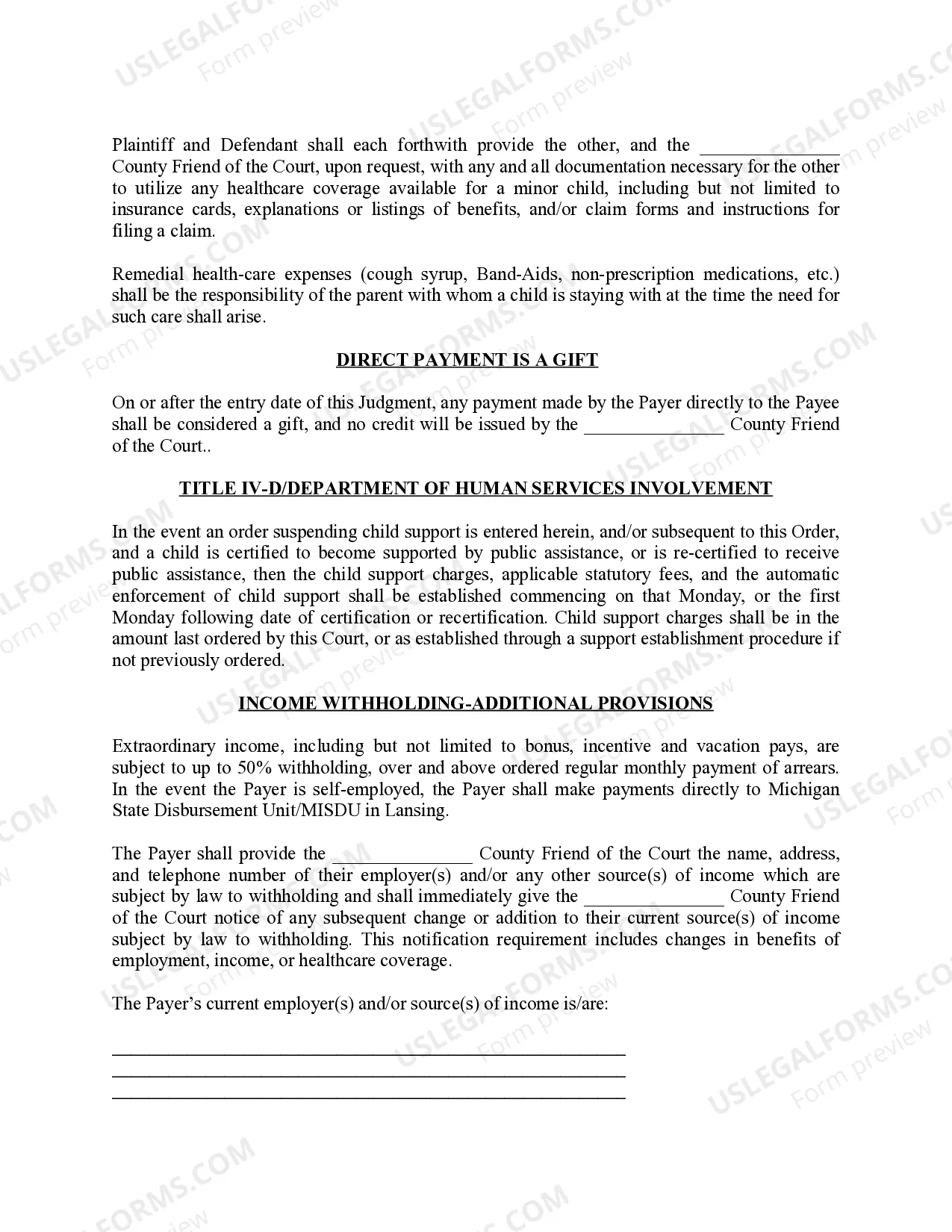 Preview Michigan Judicial Circuit Court - Order Regarding Custody, Parenting Time (Visitation) and Child Support - Joint Physical Custody with Parenting Time Schedule for Alternating Weekends