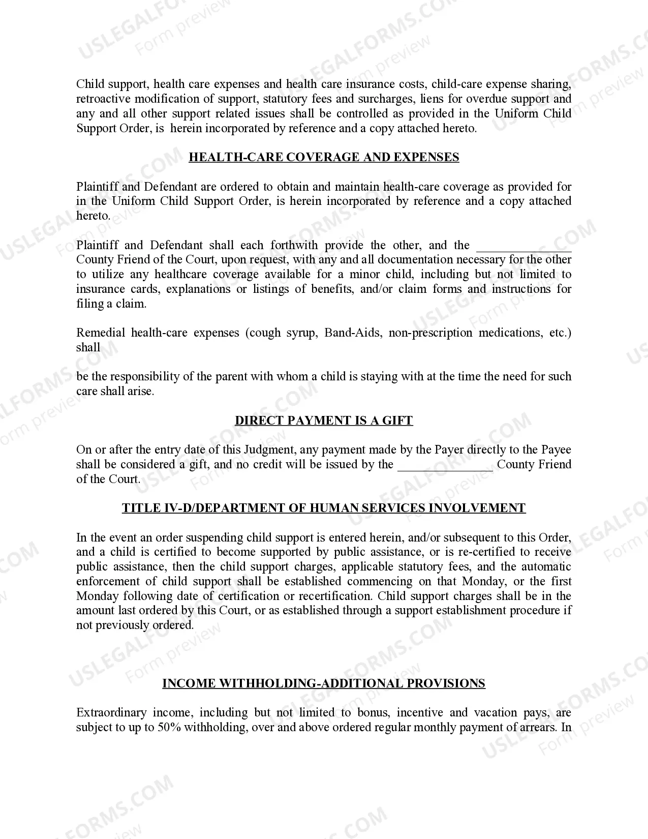 Preview Michigan Judicial Circuit Court - Order Regarding Custody, Parenting Time (Visitation) and Child Support - Split Physical Custody with Standard Schedule