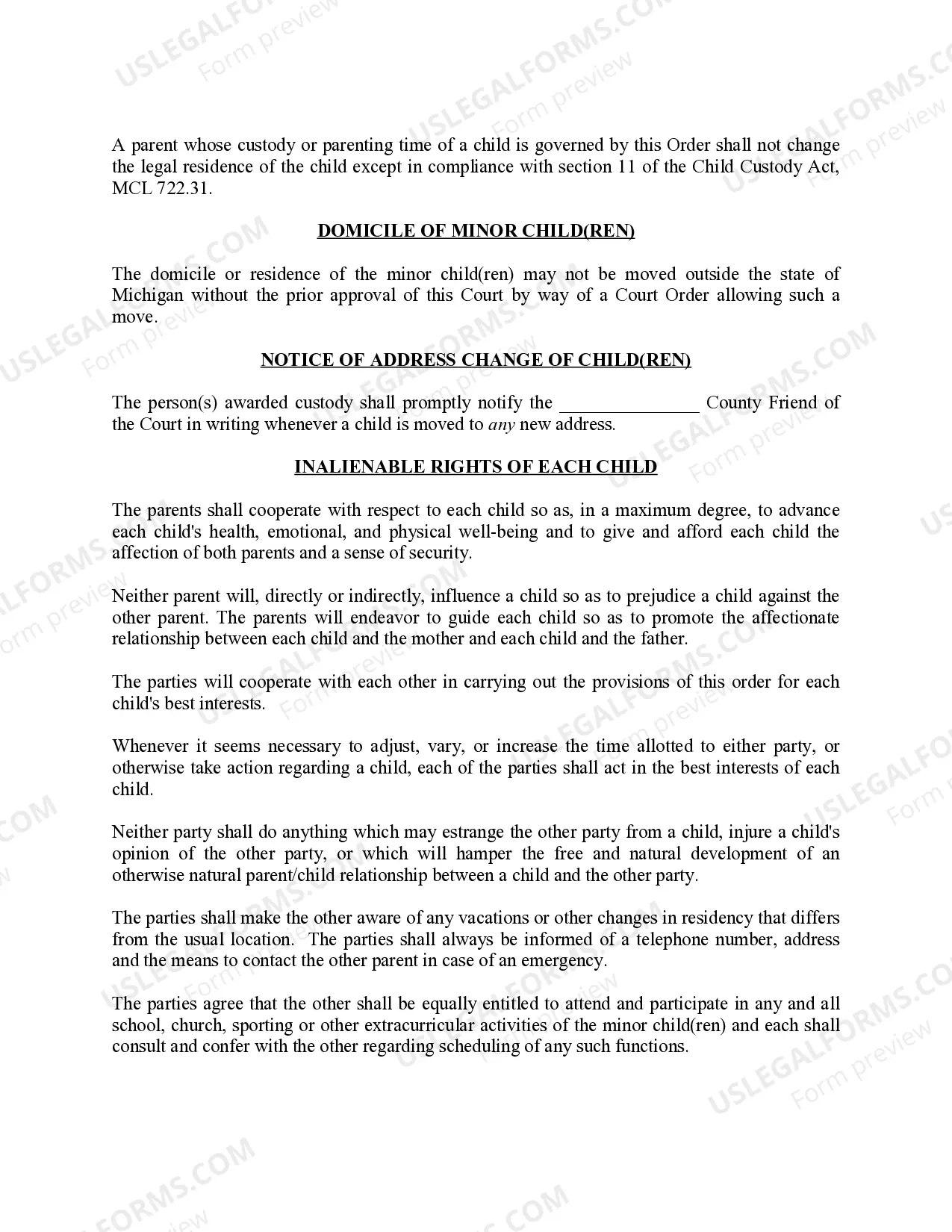 Preview Michigan Judicial Circuit Court - Order Regarding Custody, Parenting Time (Visitation) and Child Support - Split Physical Custody with Standard Schedule