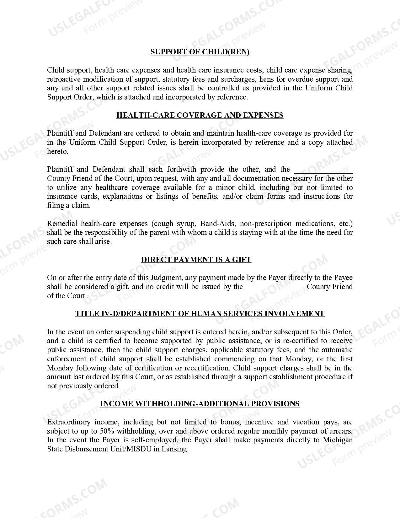 Preview Michigan Judicial Circuit Court - Order Regarding Custody, Parenting Time (Visitation) and Child Support - Split Physical Custody with Various Scheduling Options