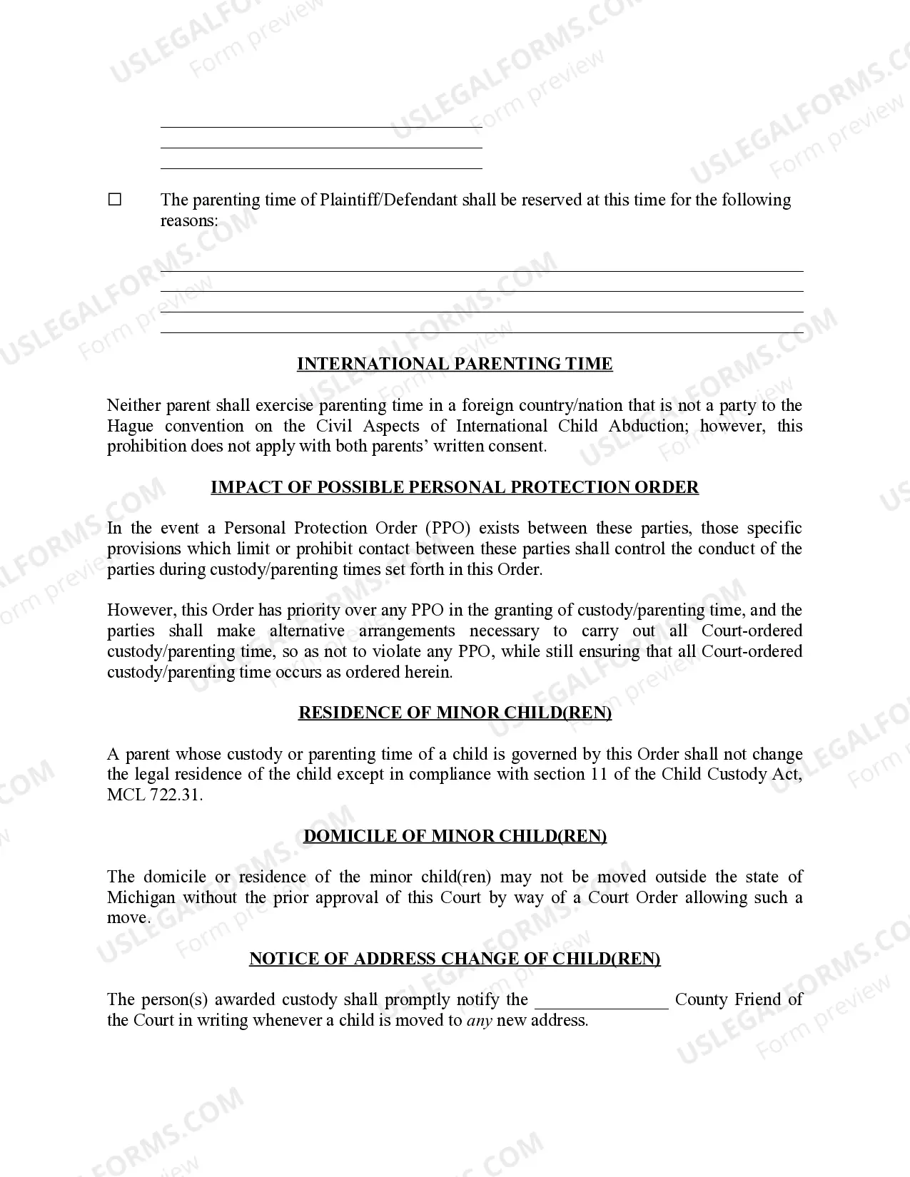 Preview Michigan Judicial Circuit Court - Order Regarding Custody, Parenting Time (Visitation) and Child Support - Split Physical Custody with Various Scheduling Options