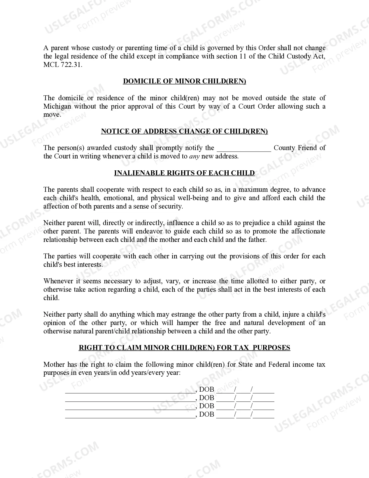 Preview Michigan Judicial Circuit Court - Order Regarding Custody, Parenting Time (Visitation) and Child Support - Sole Physical Custody with Supervised Visitation