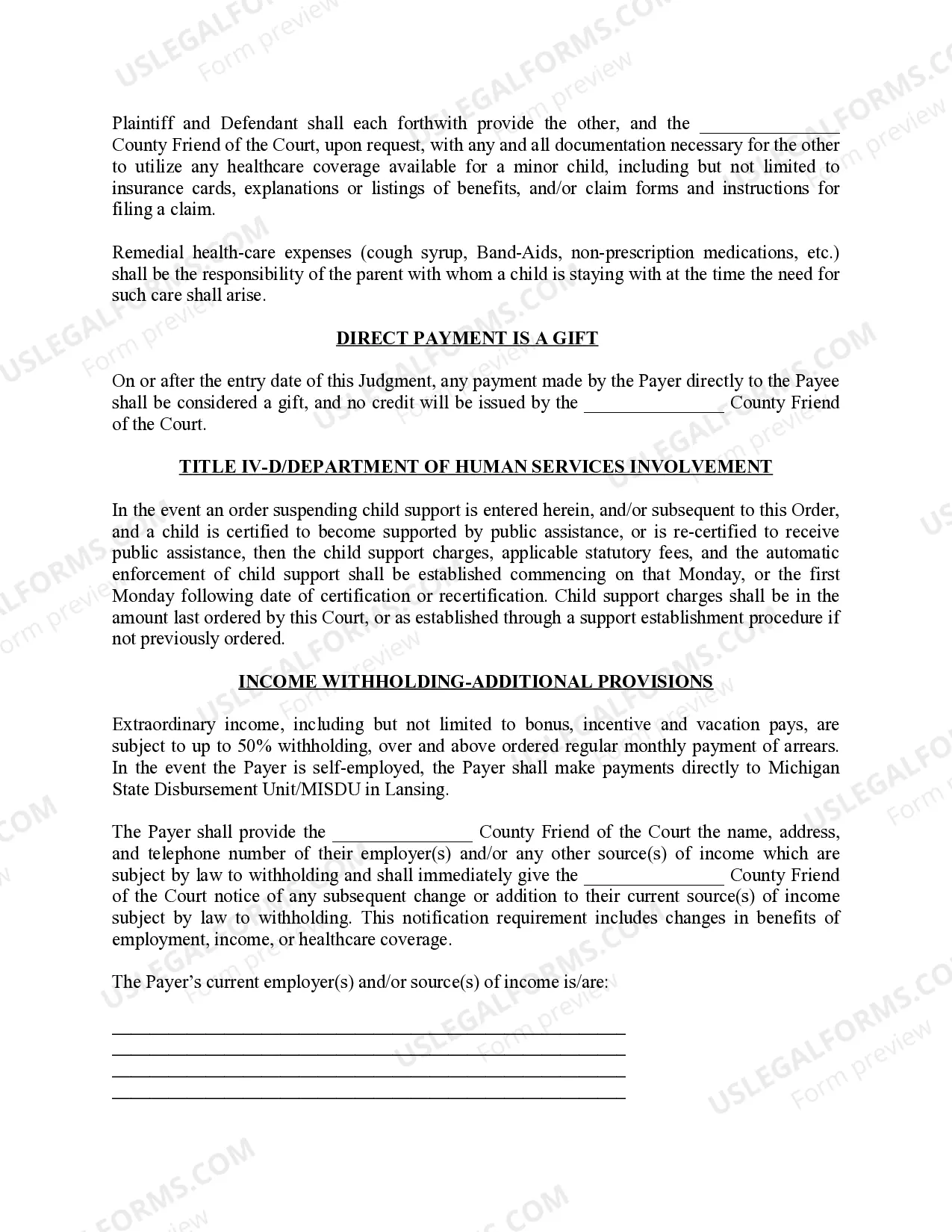Preview Michigan Judicial Circuit Court - Order Regarding Custody, Parenting Time (Visitation) and Child Support - Sole Physical Custody with Suspended Visitation