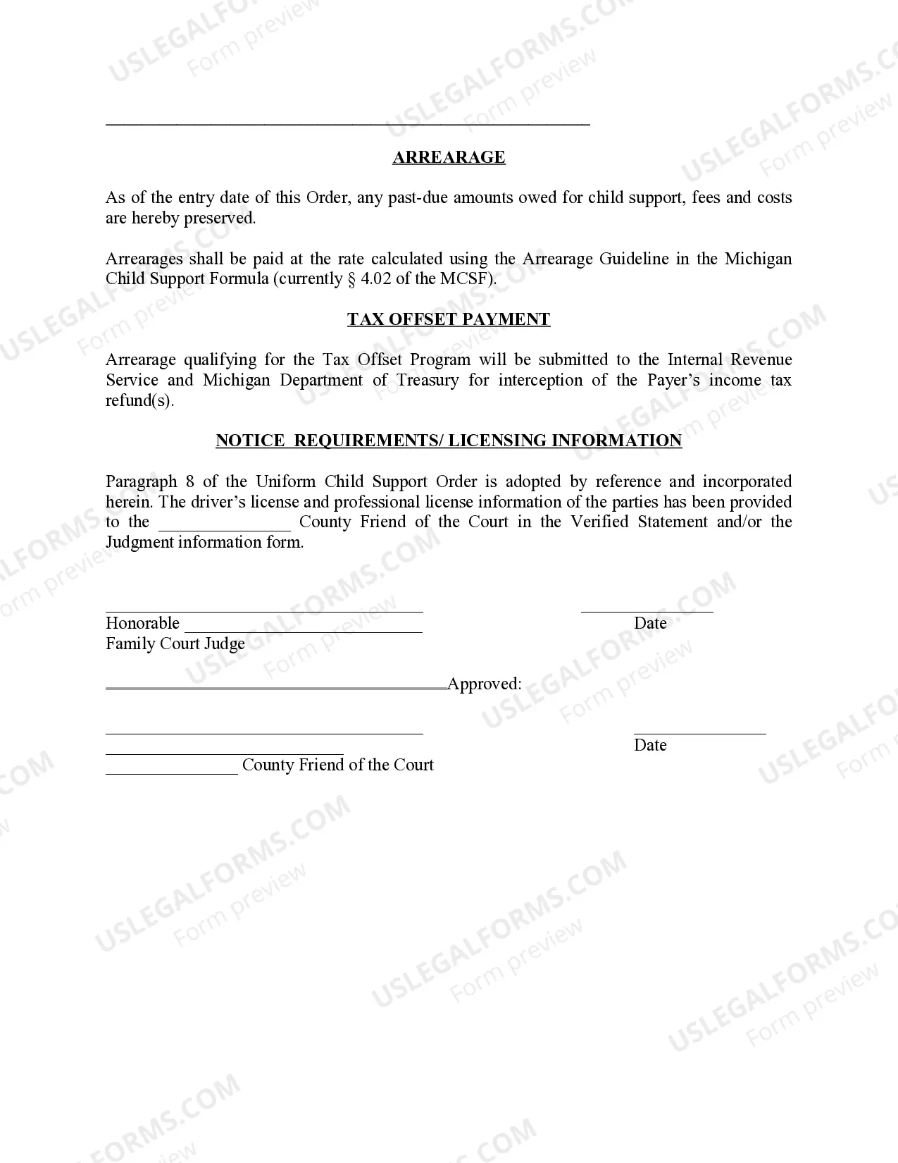 Preview Michigan Judicial Circuit Court - Order Regarding Custody, Parenting Time (Visitation) and Child Support - Sole Physical Custody with Suspended Visitation