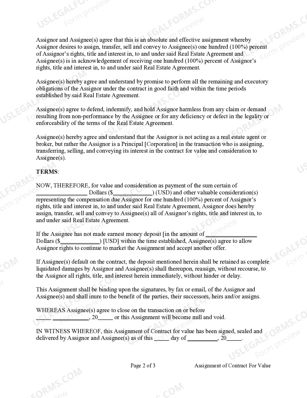 Preview Assignment of Contract for Value