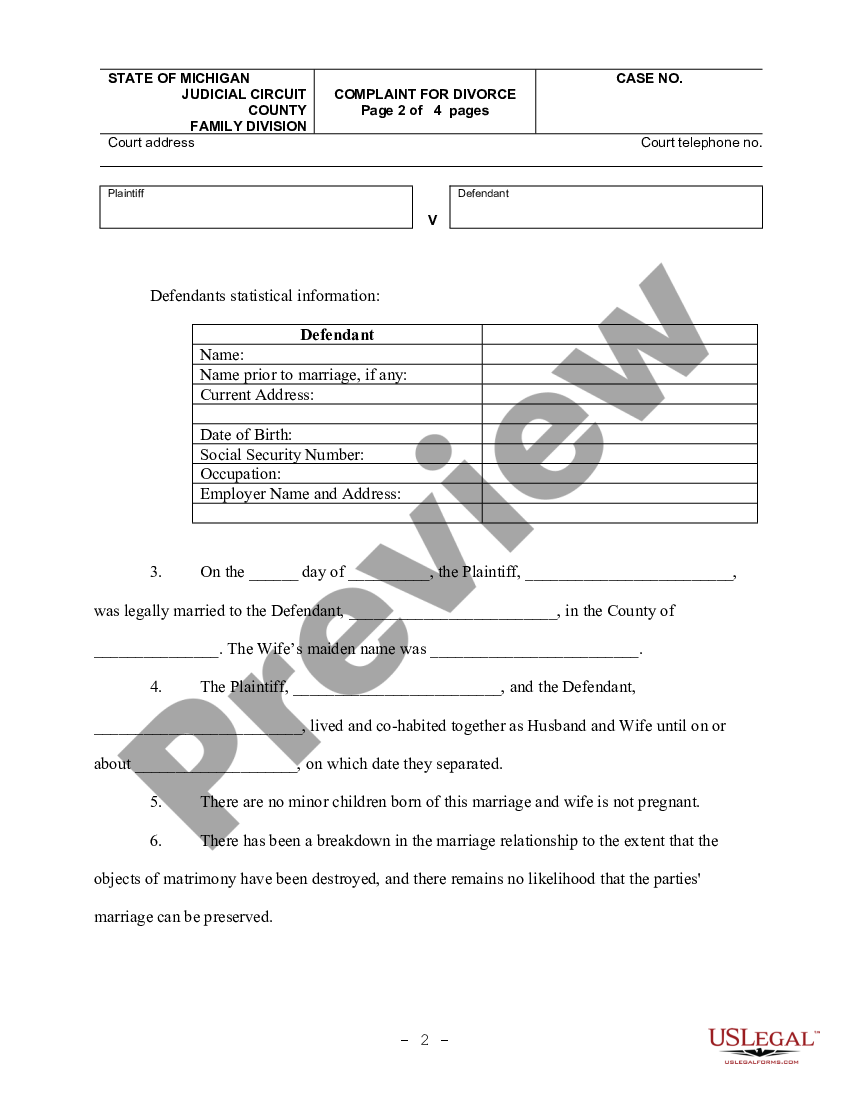 Michigan Complaint For Divorce For People With No Children | US Legal Forms