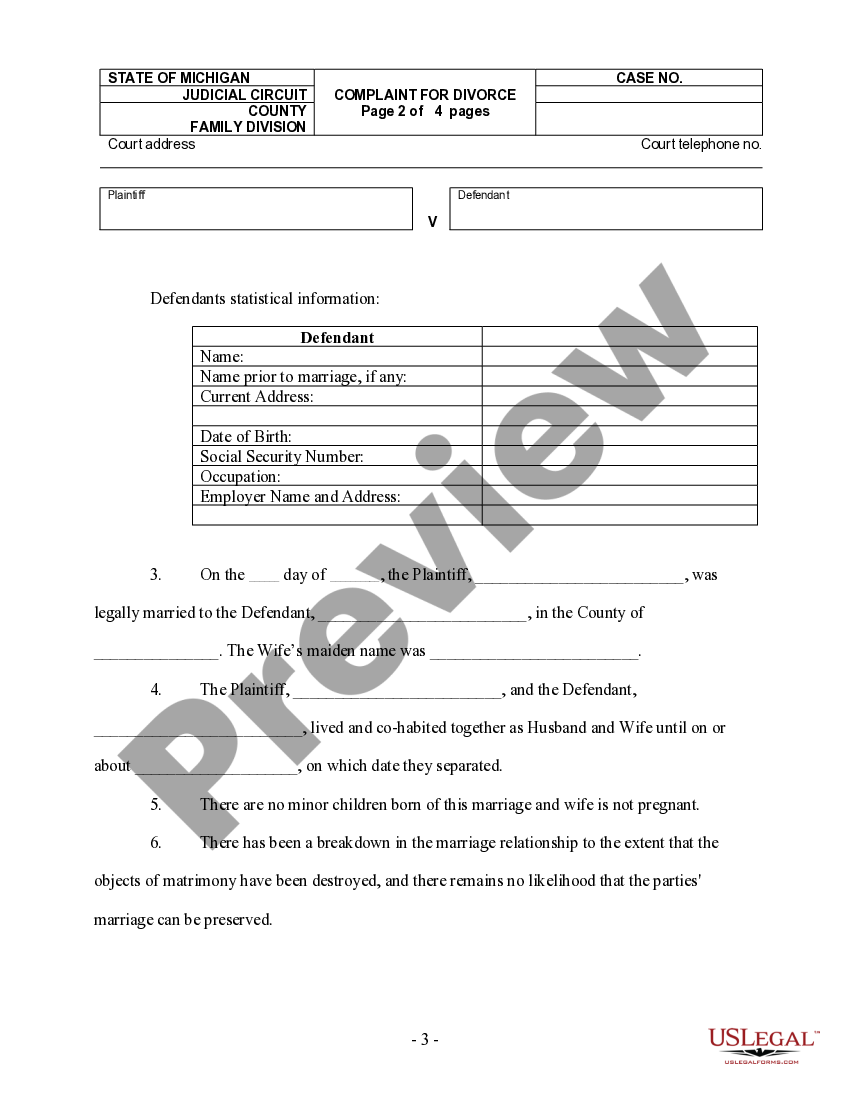 Michigan Complaint for Divorce for People with No Children US Legal Forms