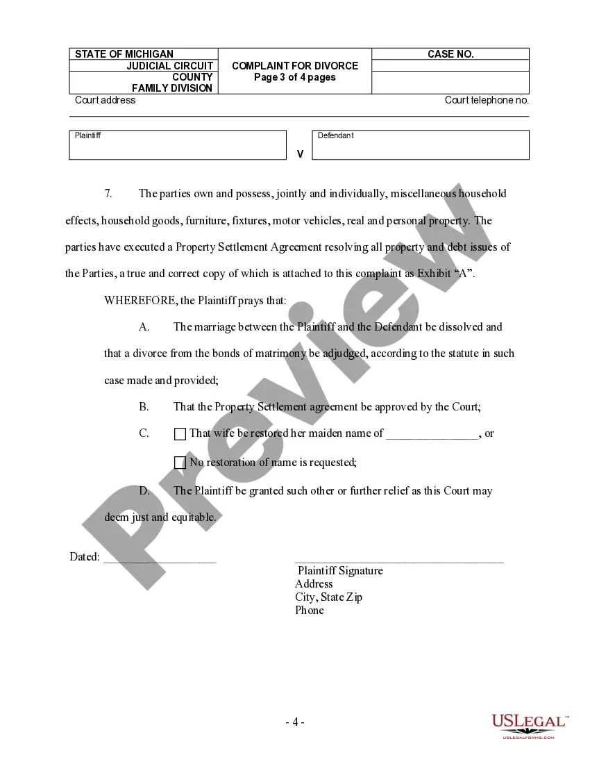 Preview Complaint for Divorce for People with No Children