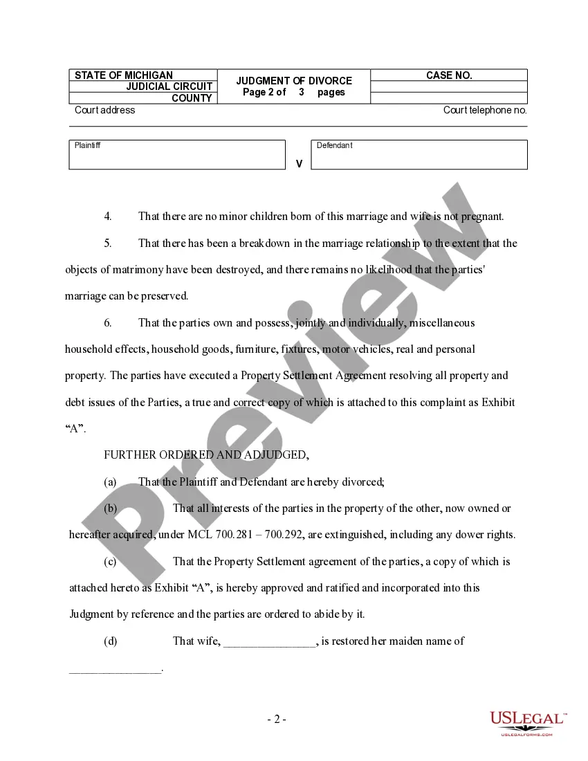 Preview Judgment of Divorce for People with No Children