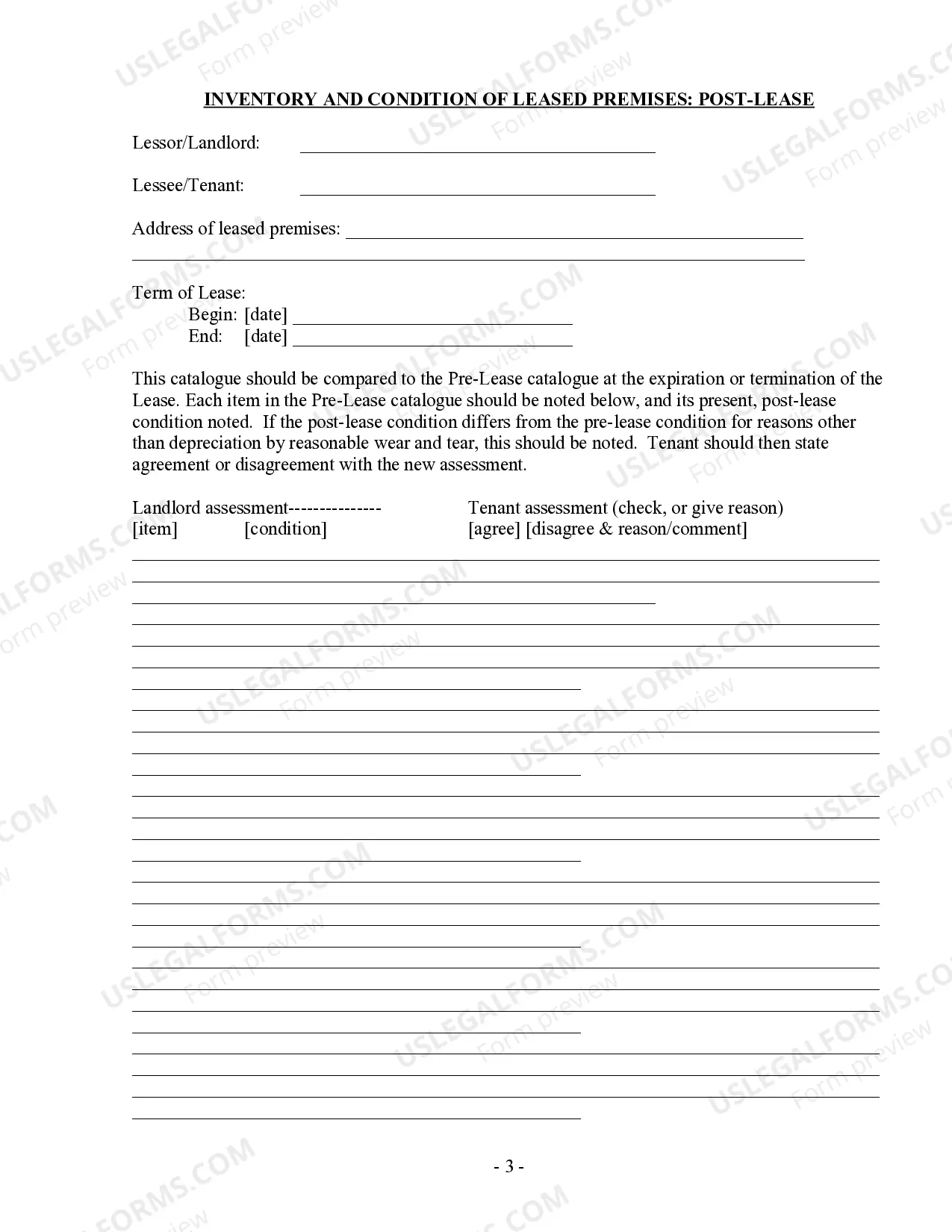 Preview Inventory and Condition of Leased Premises for Pre Lease and Post Lease