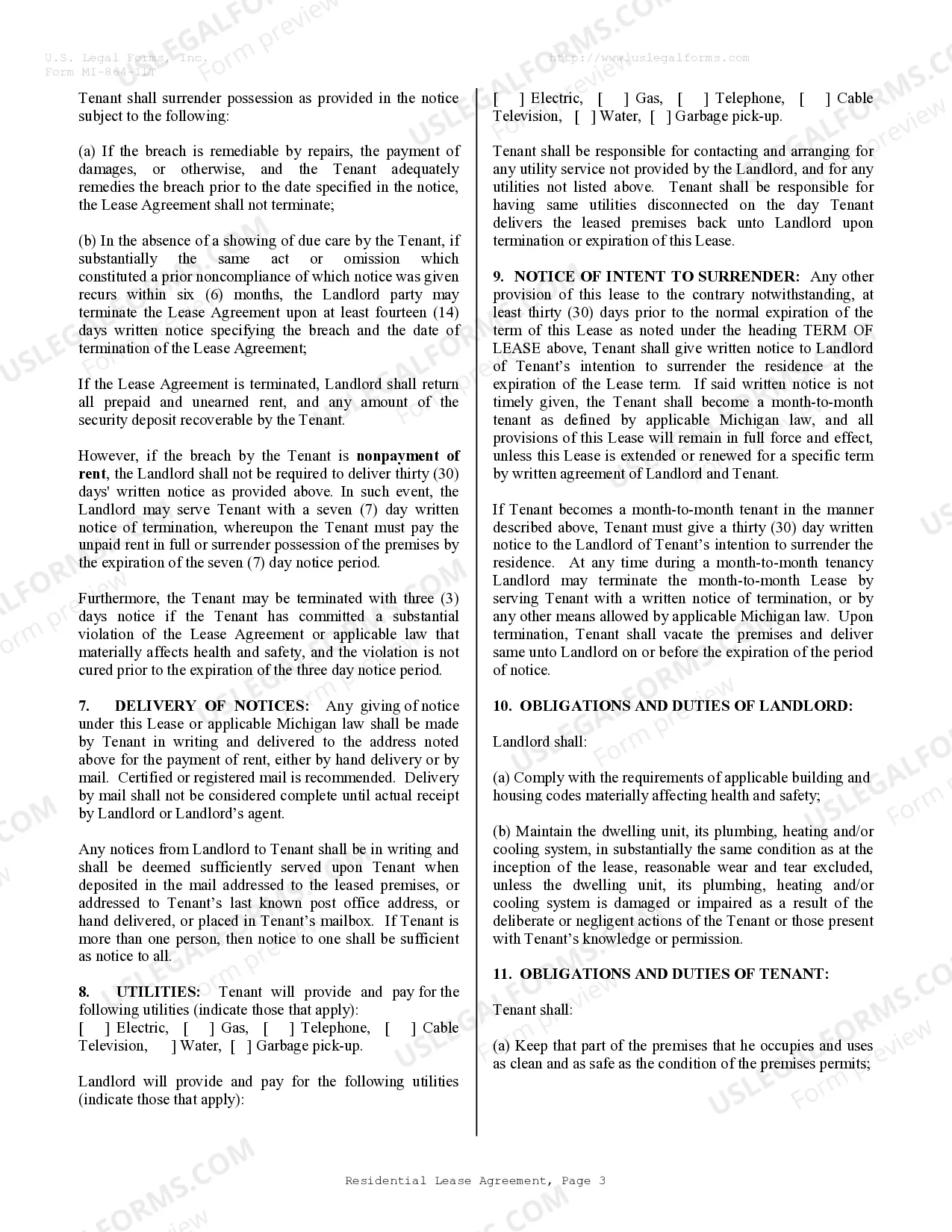 Preview Residential Lease or Rental Agreement for Month to Month