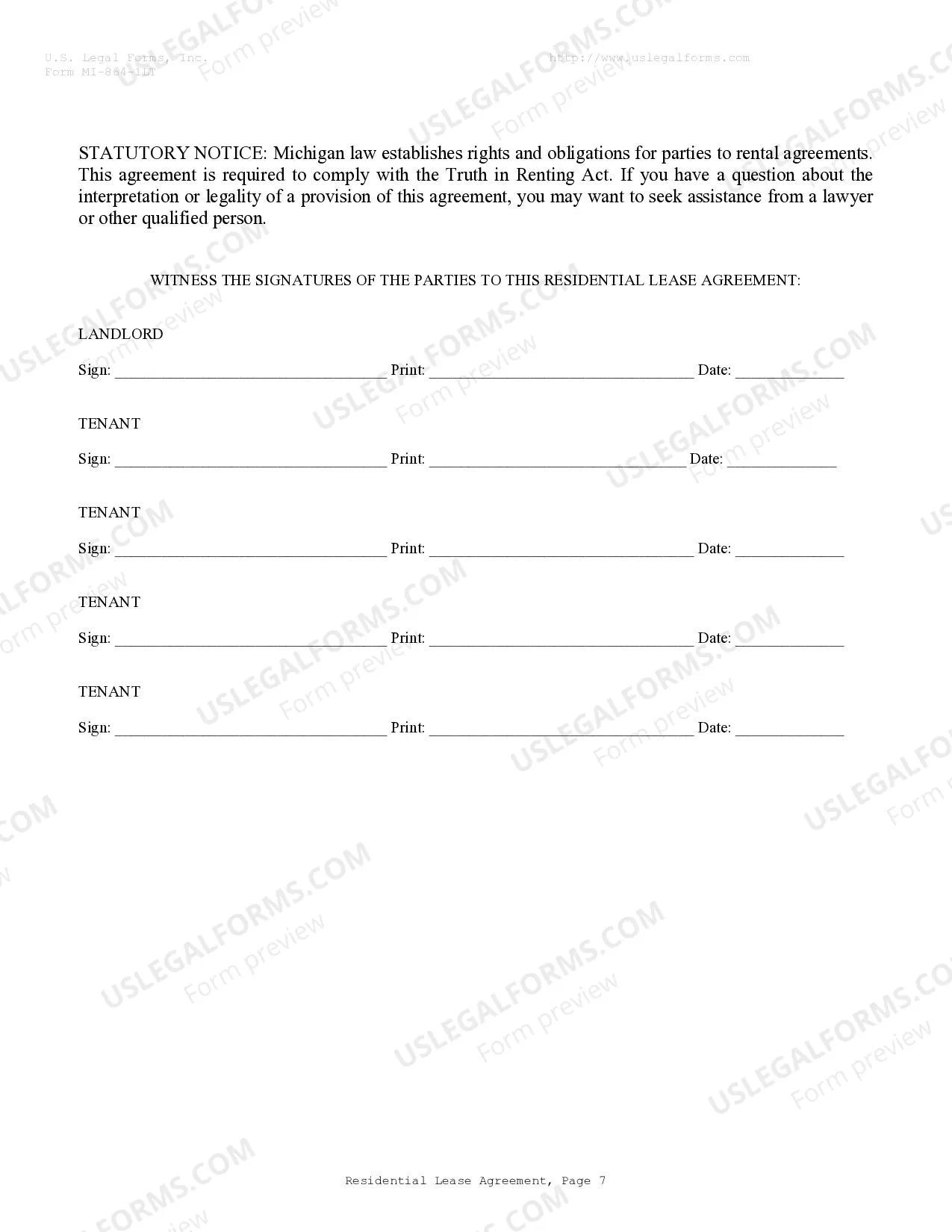 Preview Residential Lease or Rental Agreement for Month to Month