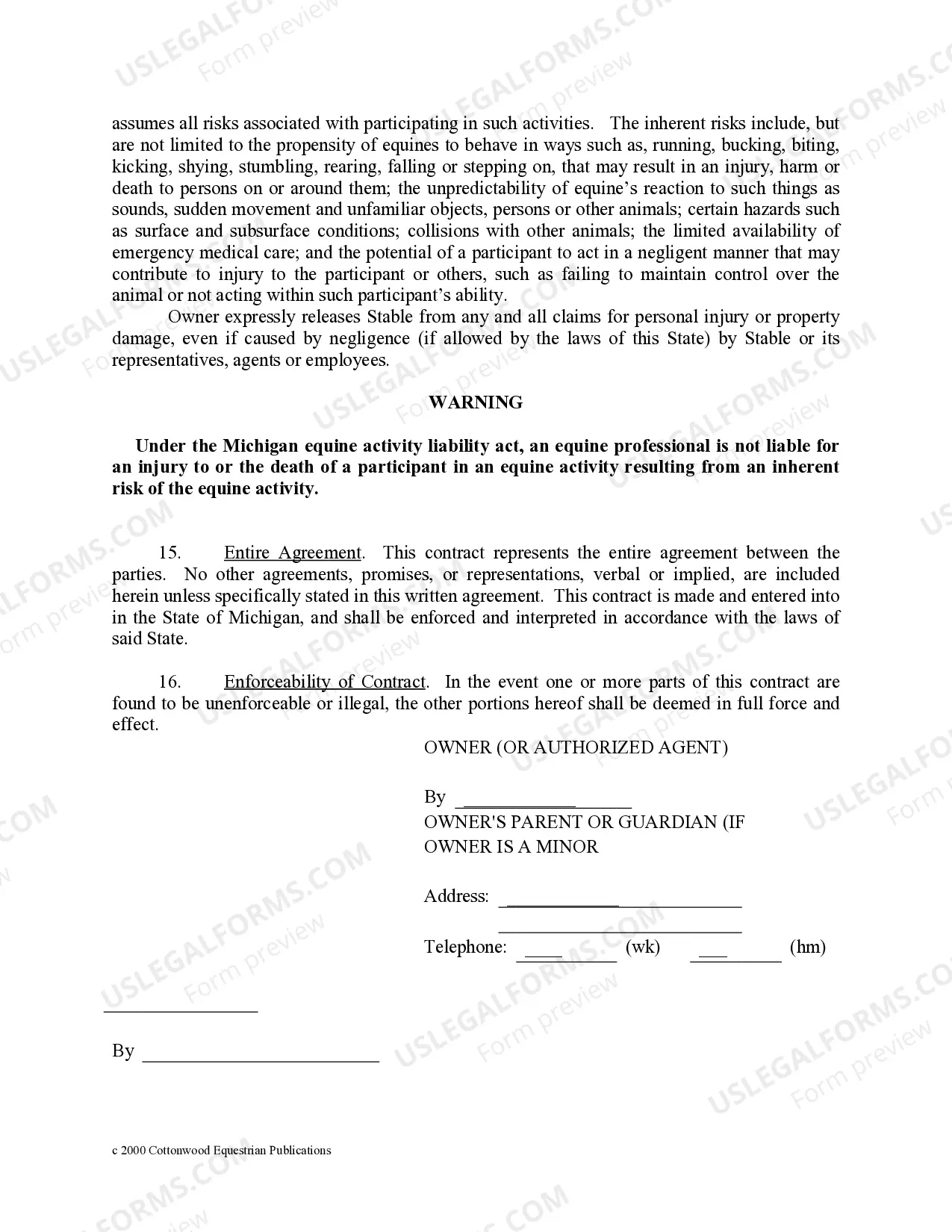 Preview Michigan Horse Equine Forms Package