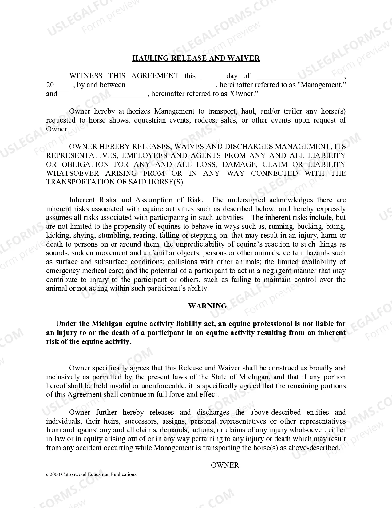 Preview Michigan Horse Equine Forms Package