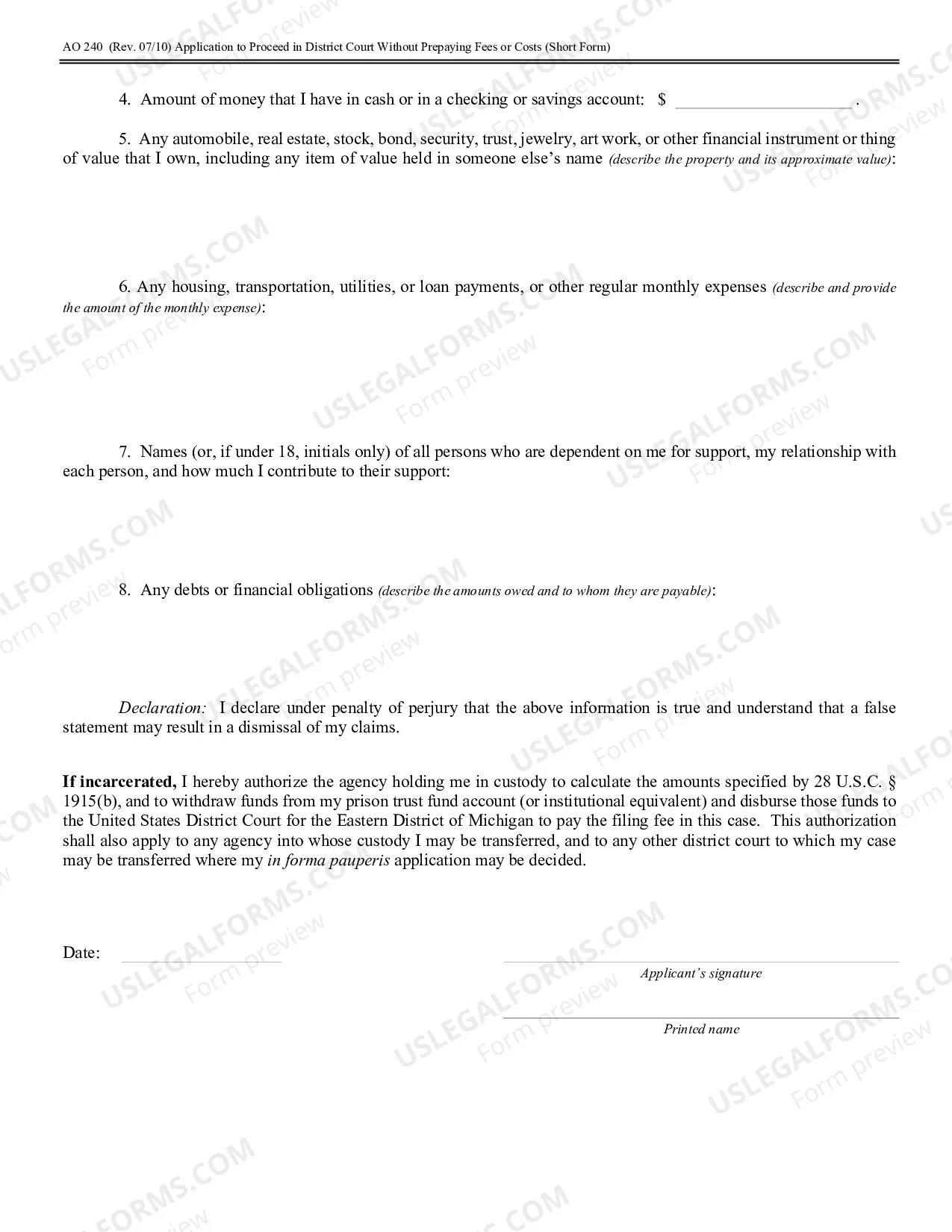 Preview Application to Proceed in District Court Without Prepaying Fees or Costs