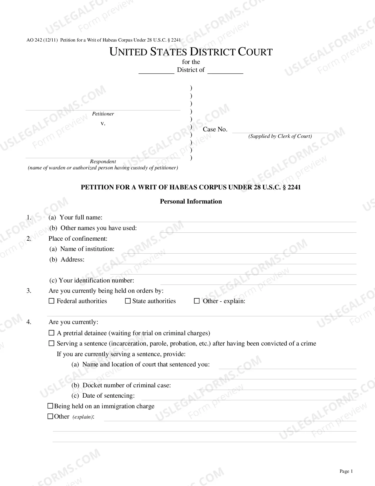 Preview Application for Writ of Habeas Corpus under 28 U.S.C. 2241 by a Person in Federal Custody