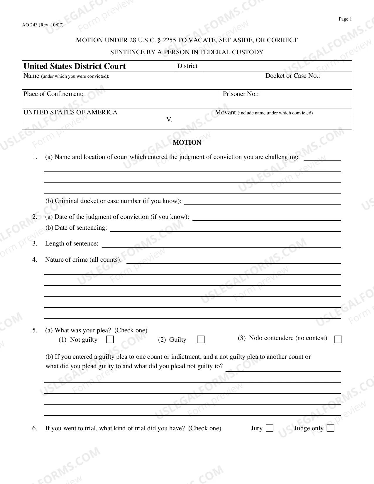 Preview Motion under 28 U.S.C. 2255 to Vacate, Set Aside, or Correct Sentence by a Person in Federal Custody