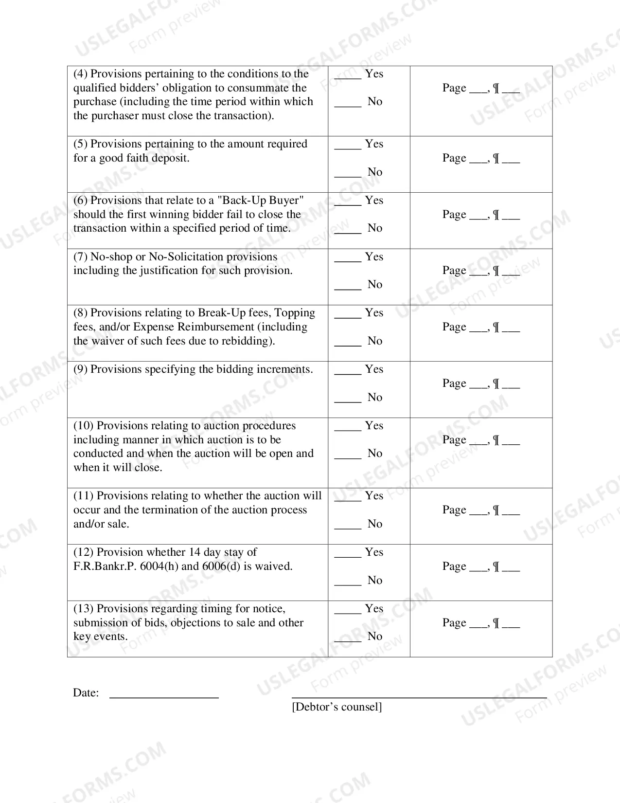 Preview Cover Sheet For Motion To Approve Sale Procedures