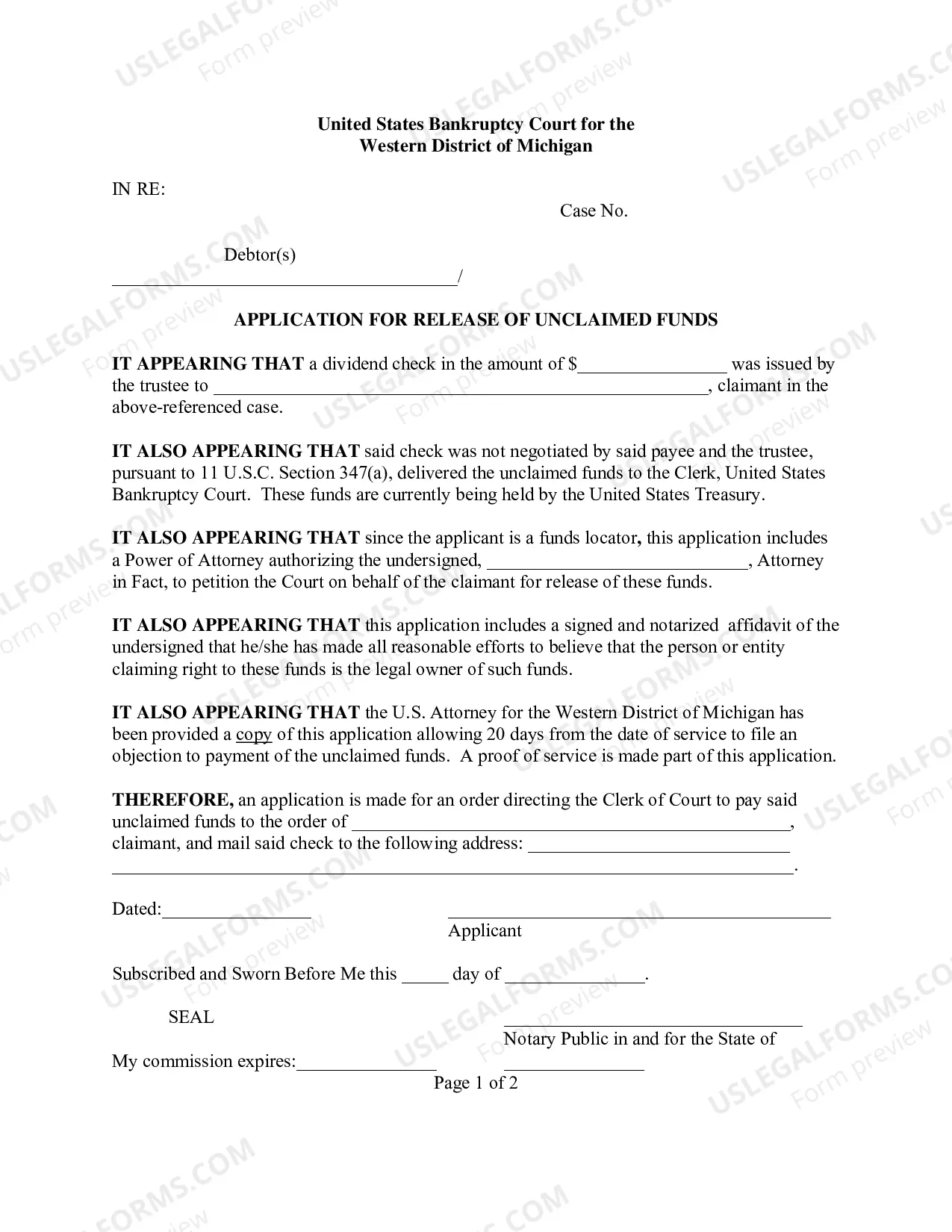 Preview Application For Release of Unclaimed Funds (Funds Locator)