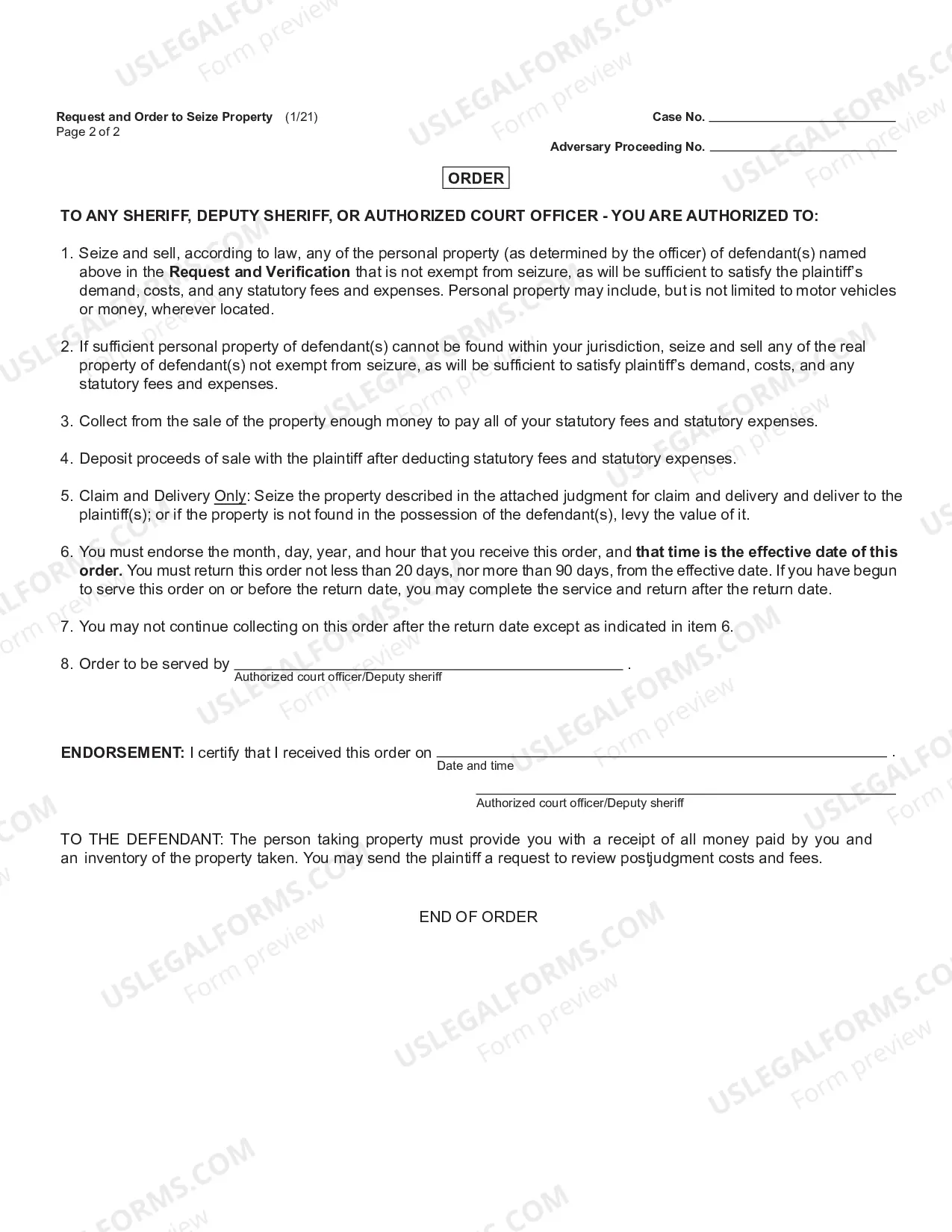 Preview Request And Order To Seize Property