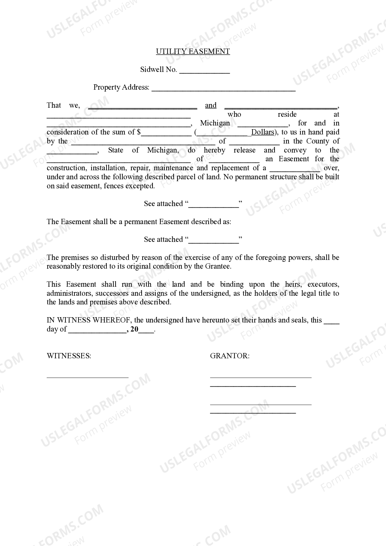 Michigan Utility Easement US Legal Forms