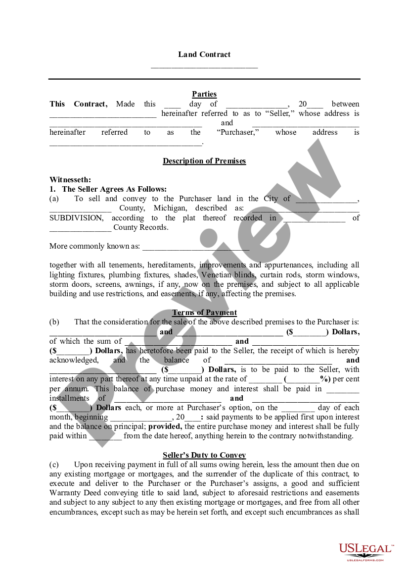 Michigan Land Contract Template With Word US Legal Forms