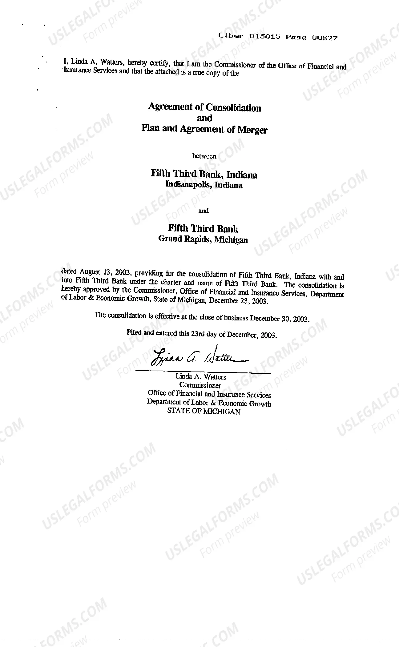 Preview Agreement and Plan of Merger and Consolidation regarding banks