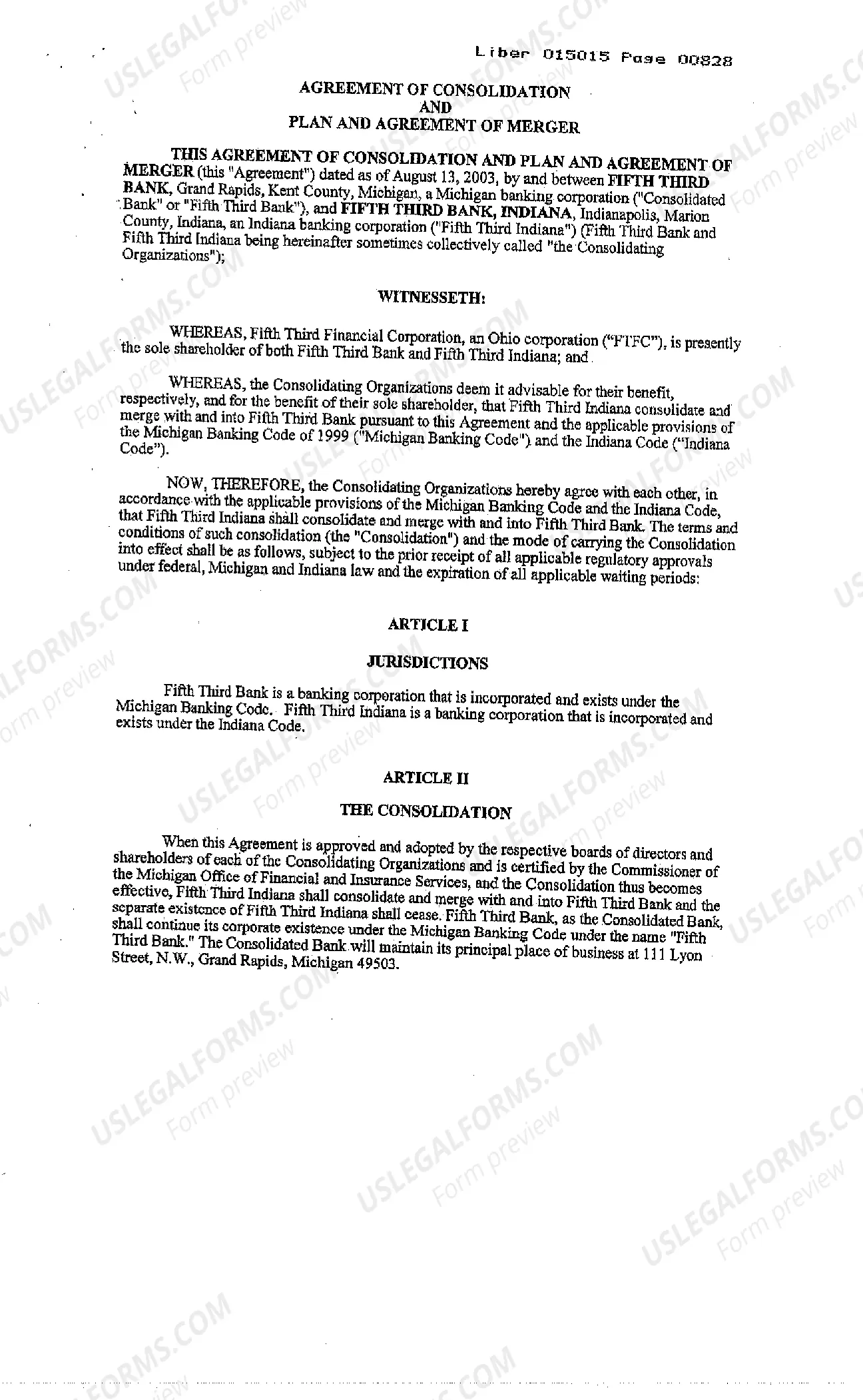 Preview Agreement and Plan of Merger and Consolidation regarding banks