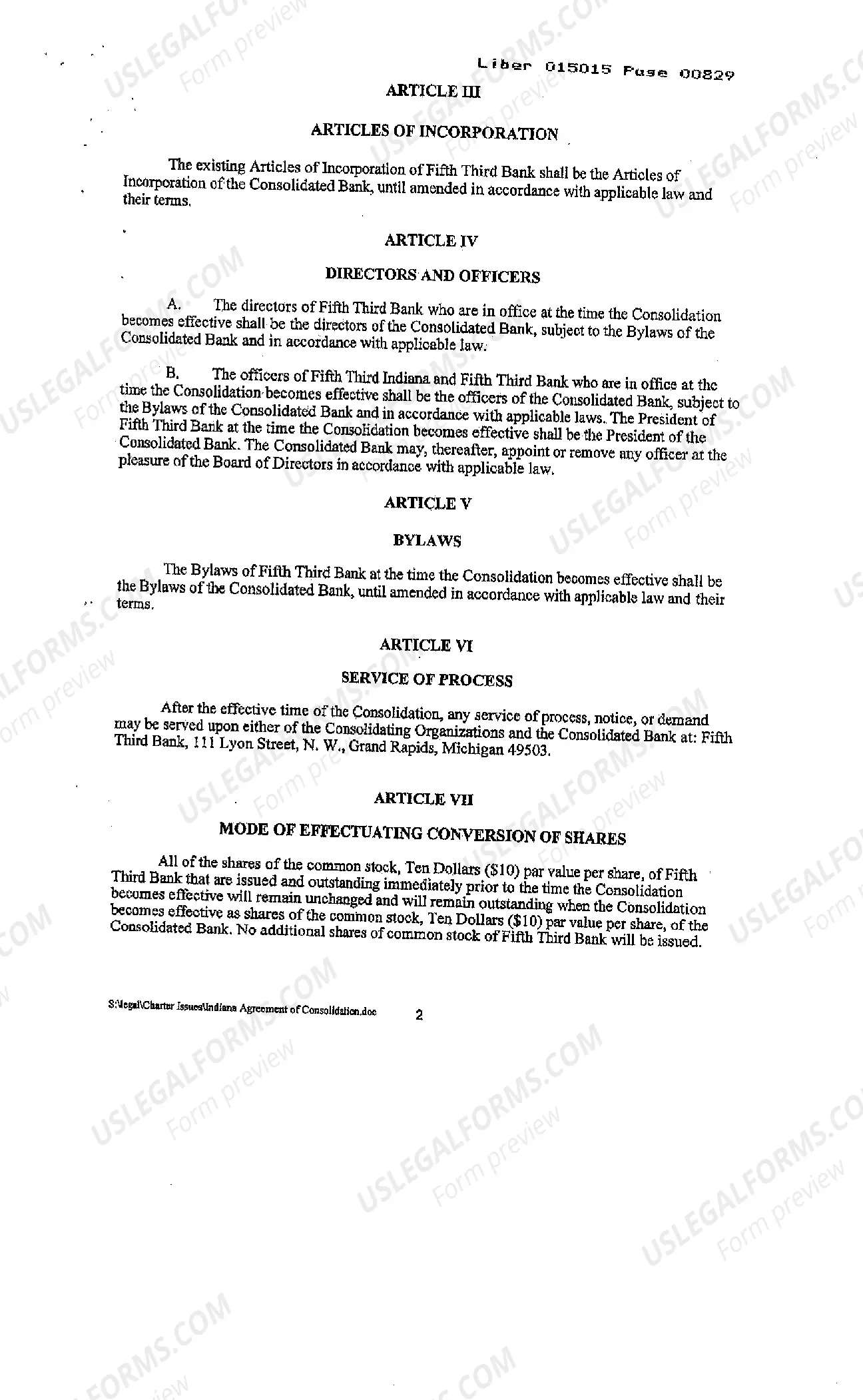 Preview Agreement and Plan of Merger and Consolidation regarding banks
