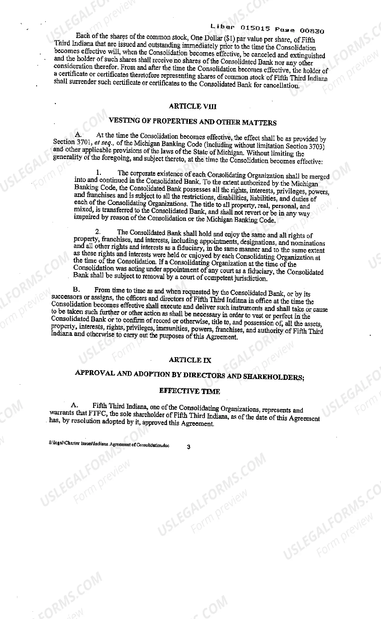 Preview Agreement and Plan of Merger and Consolidation regarding banks