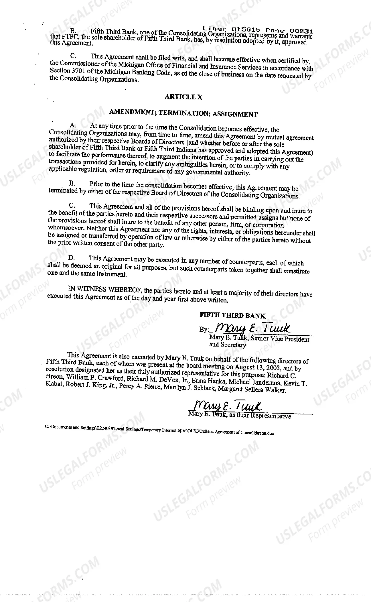 Preview Agreement and Plan of Merger and Consolidation regarding banks