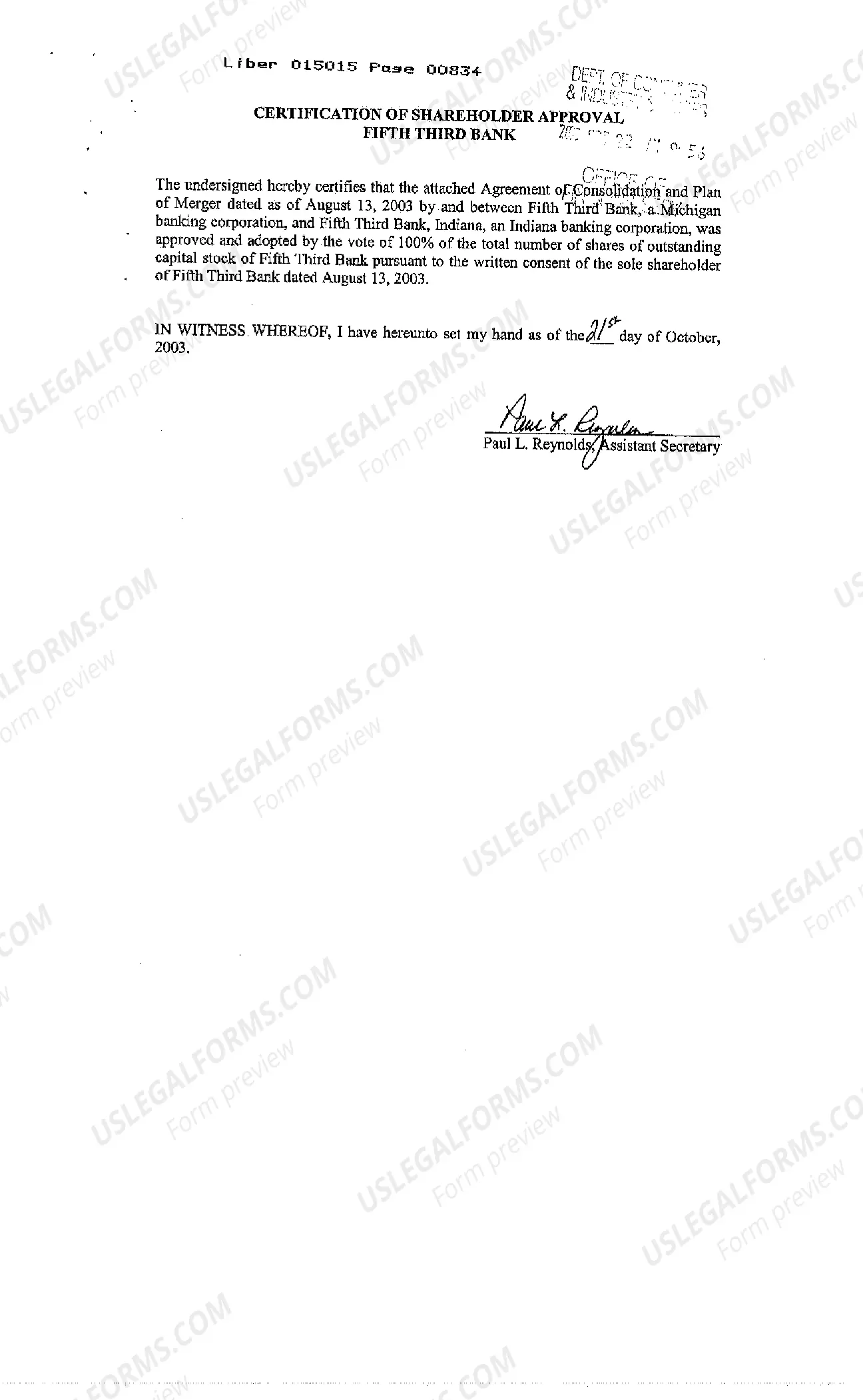 Preview Agreement and Plan of Merger and Consolidation regarding banks