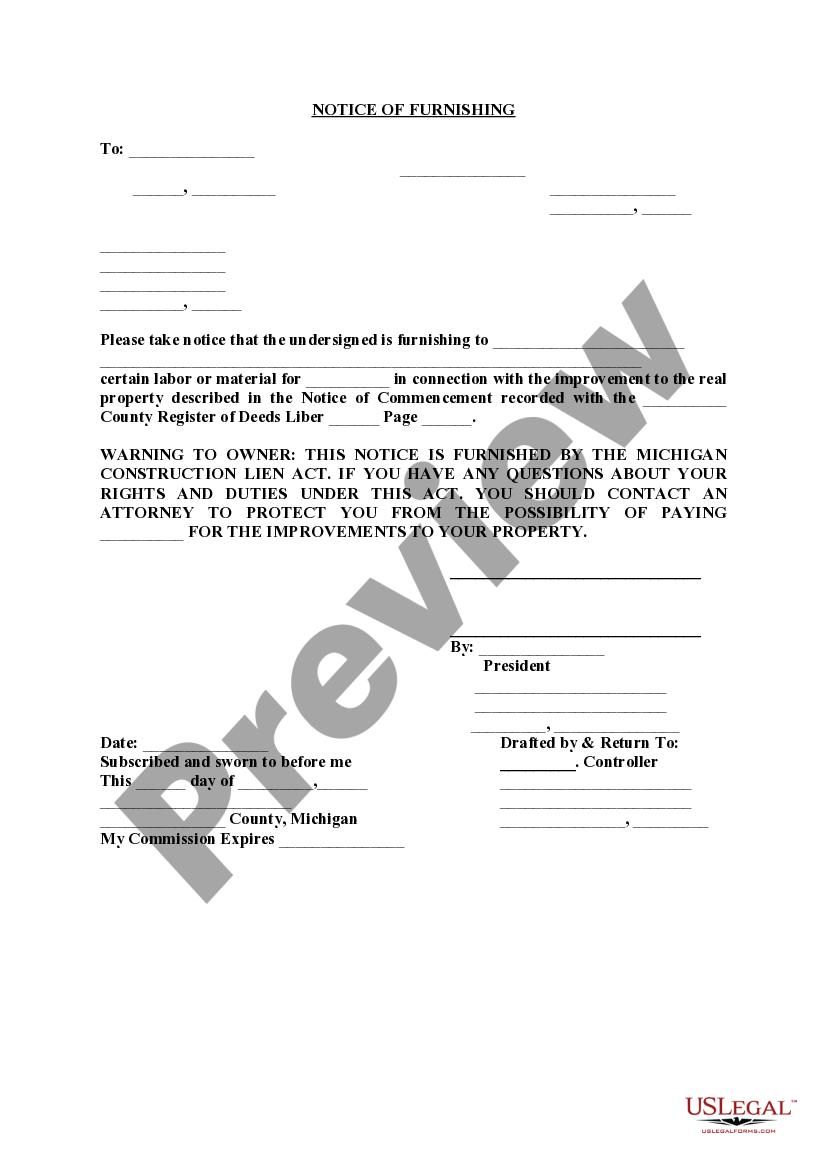 Michigan Notice of Furnishing US Legal Forms