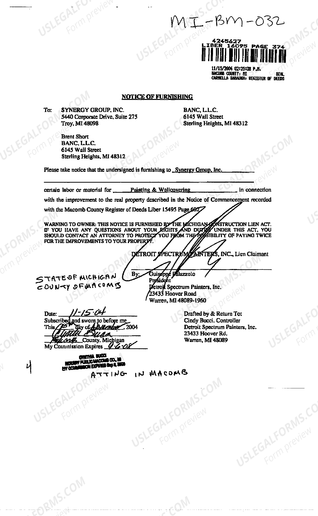 Michigan Notice of Furnishing US Legal Forms