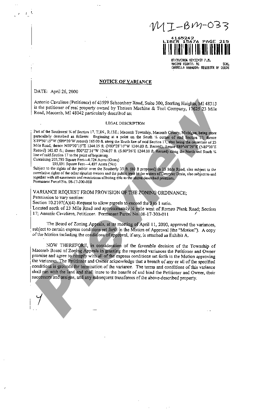 Michigan Notice of Variance US Legal Forms