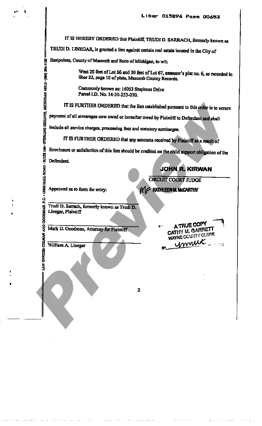 Preview Order to Establish Lien and Secure Payment of Child Support