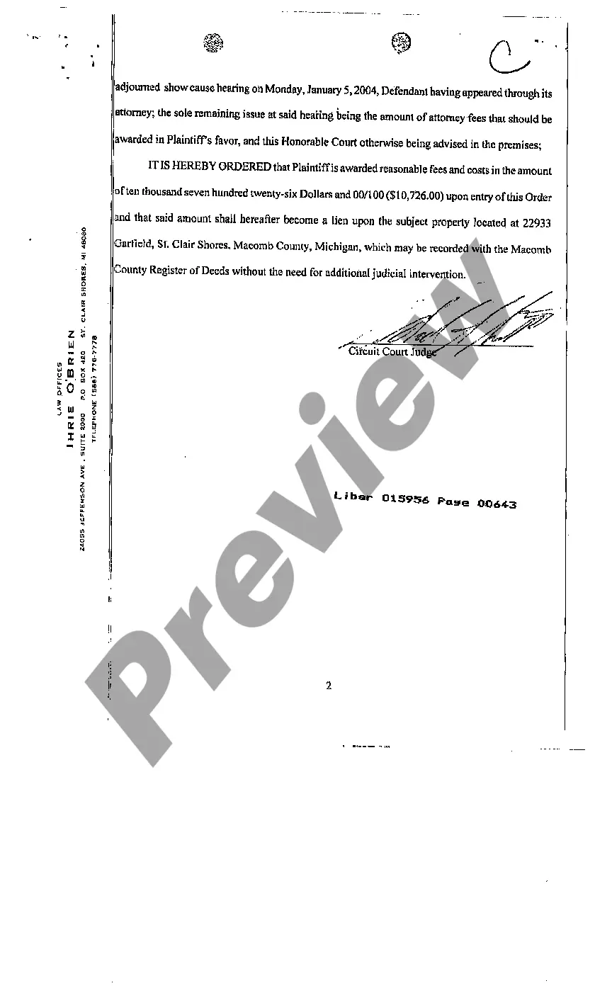 Preview Order Awarding Attorney Fees and Granting Lien