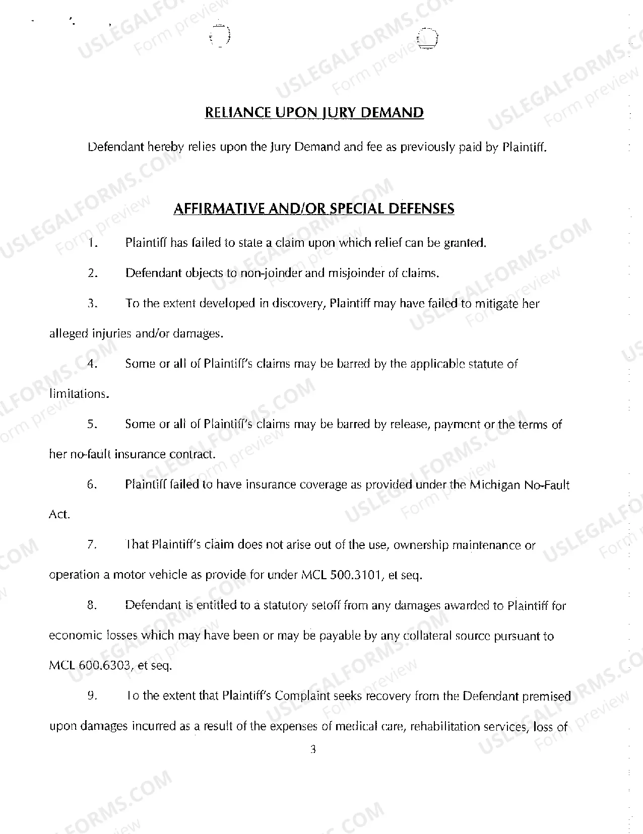 Preview A02 Defendant's Answer to Complaint, Reliance Upon Jury Demand And Affirmative And Or Special Defenses