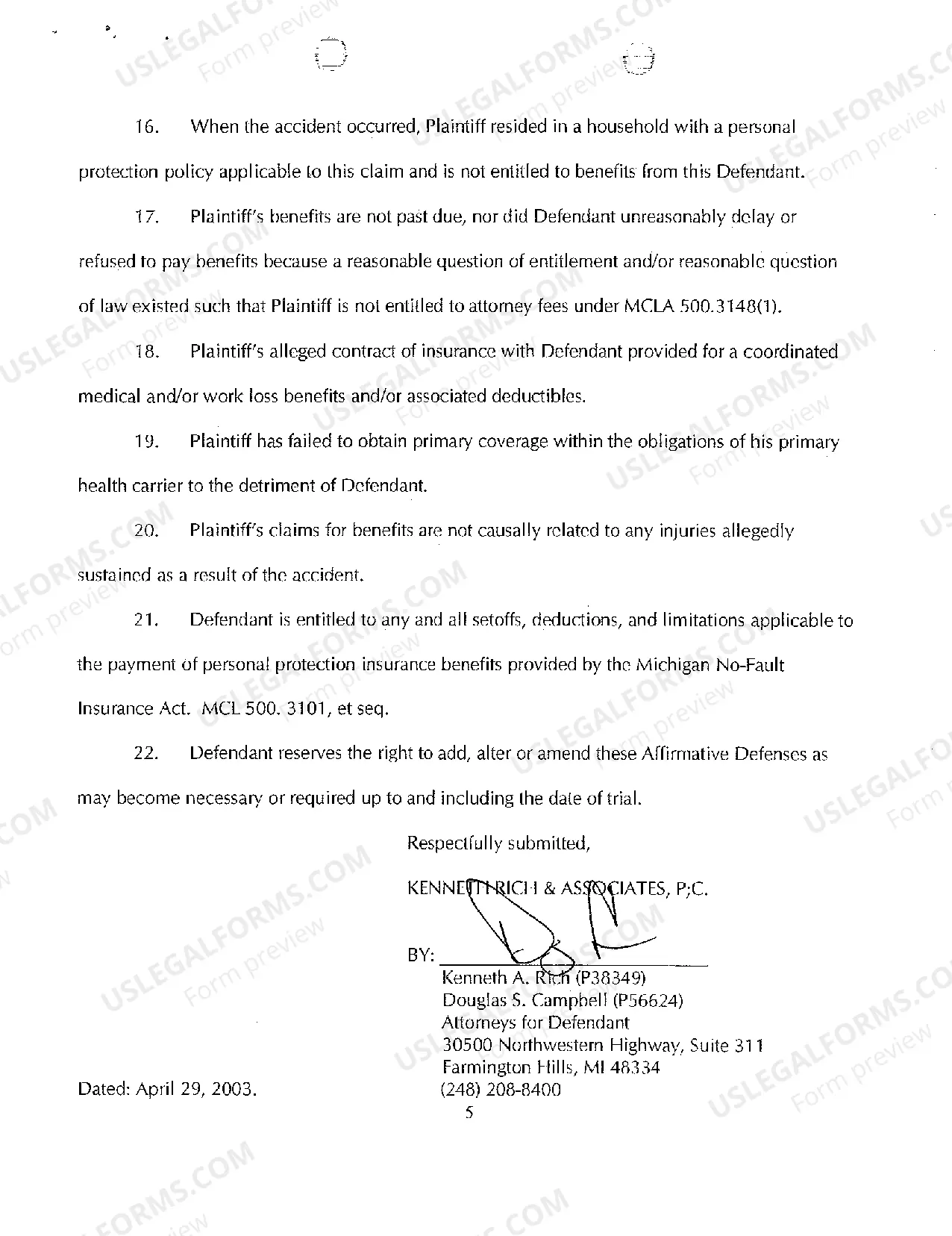 Preview A02 Defendant's Answer to Complaint, Reliance Upon Jury Demand And Affirmative And Or Special Defenses