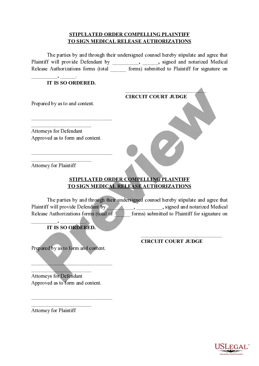 Preview Stipulated Order Compelling Plaintiff To Sign Medical Release Authorization
